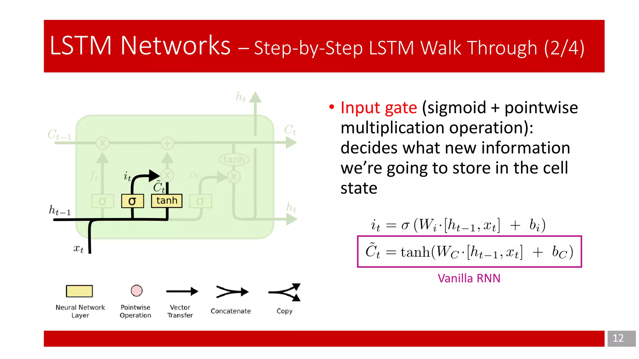 12
LSTM Networks – Step-by-Step LSTM Walk Through (2/4)
• Input gate (sigmoid + pointwise
multiplication operation):
decides what new information
we’re going to store in the cell
state
Vanilla RNN
 