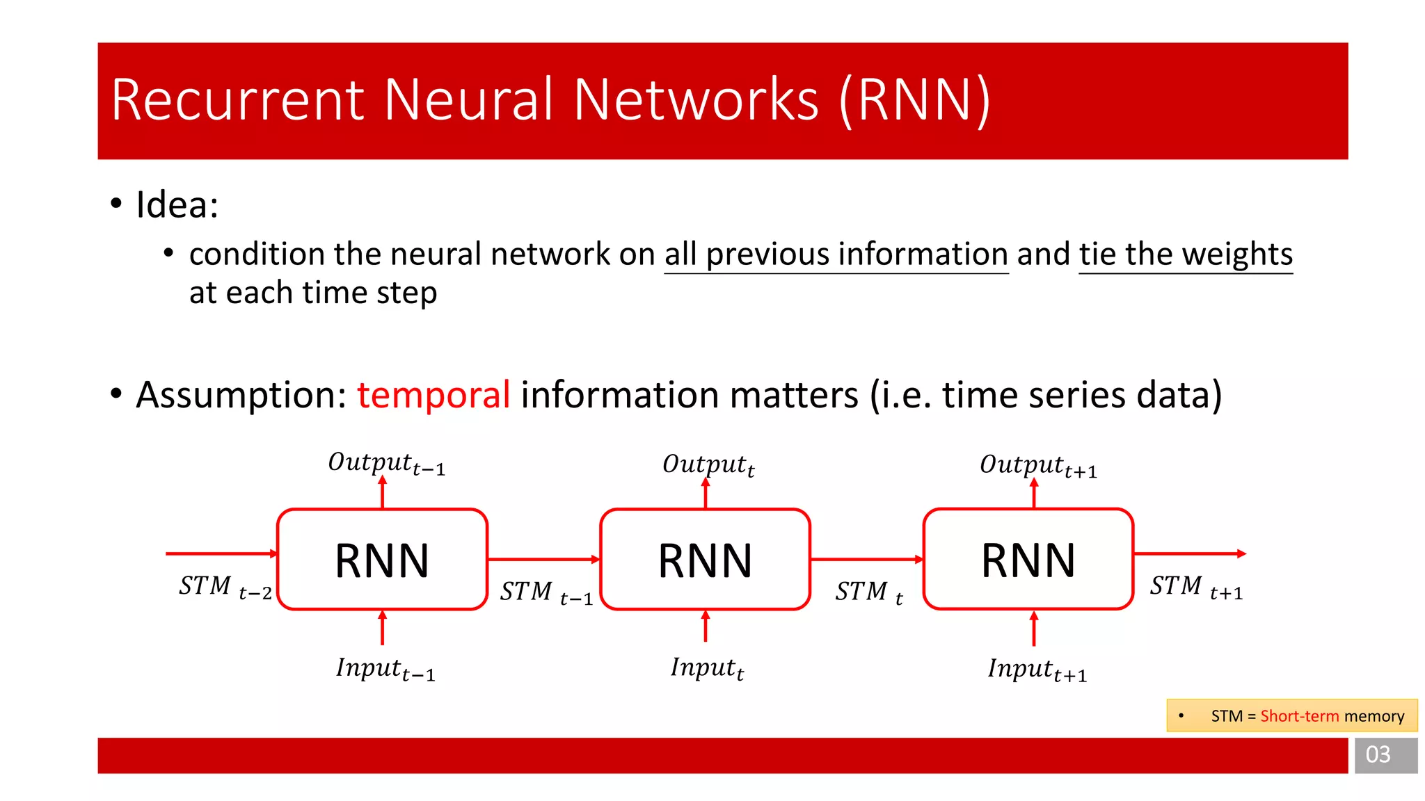 • Idea:
• condition the neural network on all previous information and tie the weights
at each time step
• Assumption: temporal information matters (i.e. time series data)
03
Recurrent Neural Networks (RNN)
RNN RNNRNN
𝐼𝑛𝑝𝑢𝑡 𝑡
𝑂𝑢𝑡𝑝𝑢𝑡 𝑡
𝑆𝑇𝑀 𝑡−1 𝑆𝑇𝑀 𝑡
𝐼𝑛𝑝𝑢𝑡 𝑡−1
𝑂𝑢𝑡𝑝𝑢𝑡 𝑡−1
𝐼𝑛𝑝𝑢𝑡 𝑡+1
𝑂𝑢𝑡𝑝𝑢𝑡 𝑡+1
𝑆𝑇𝑀 𝑡−2 𝑆𝑇𝑀 𝑡+1
• STM = Short-term memory
 