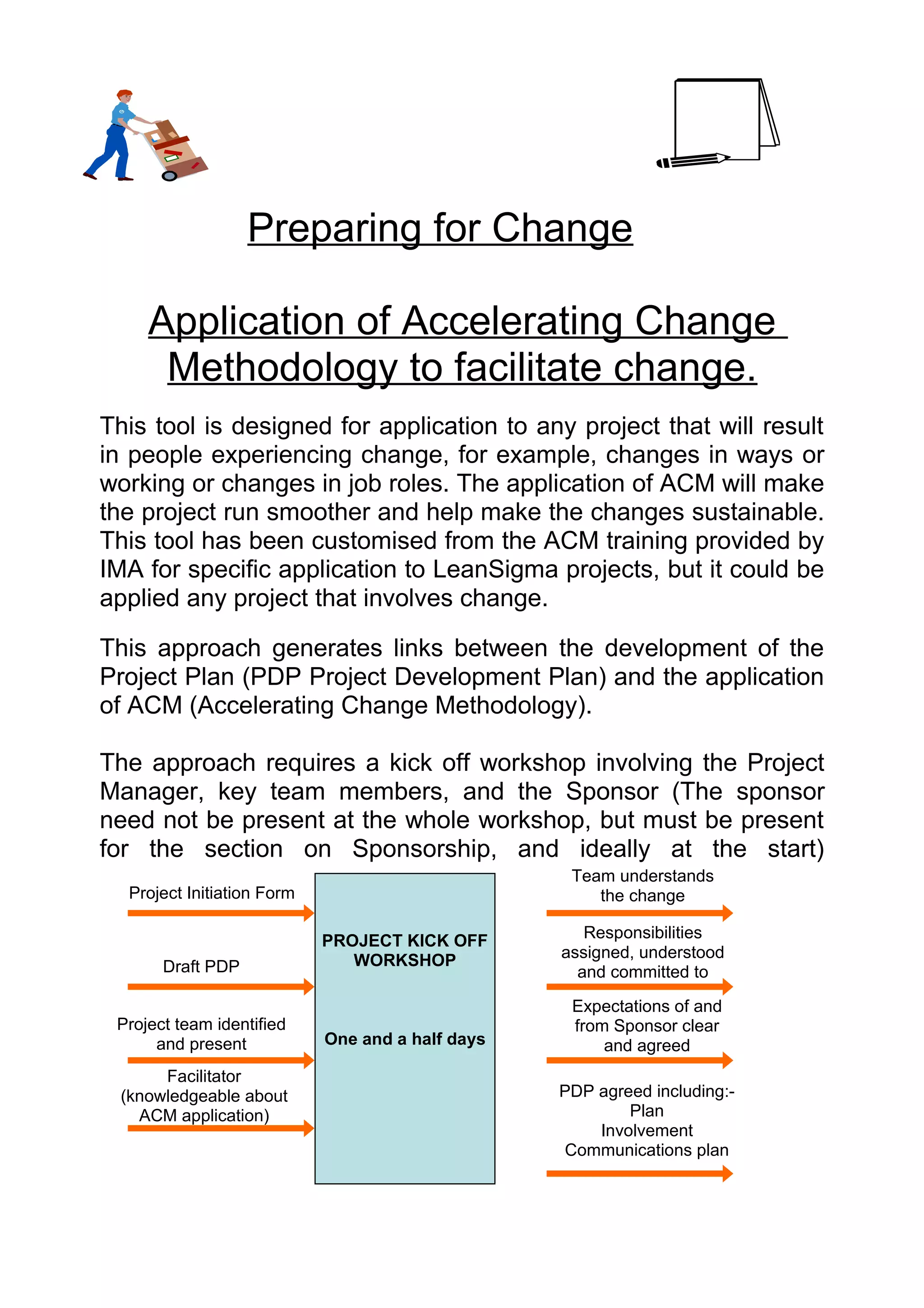 Preparing for Change

     Application of Accelerating Change
      Methodology to facilitate change.
This tool is designed for application to any project that will result
in people experiencing change, for example, changes in ways or
working or changes in job roles. The application of ACM will make
the project run smoother and help make the changes sustainable.
This tool has been customised from the ACM training provided by
IMA for specific application to LeanSigma projects, but it could be
applied any project that involves change.

This approach generates links between the development of the
Project Plan (PDP Project Development Plan) and the application
of ACM (Accelerating Change Methodology).

The approach requires a kick off workshop involving the Project
Manager, key team members, and the Sponsor (The sponsor
need not be present at the whole workshop, but must be present
for the section on Sponsorship, and ideally at the start)
                                                   Team understands
  Project Initiation Form                             the change

                            PROJECT KICK OFF         Responsibilities
                               WORKSHOP           assigned, understood
       Draft PDP                                    and committed to

                                                   Expectations of and
 Project team identified                           from Sponsor clear
      and present           One and a half days        and agreed
      Facilitator
 (knowledgeable about                             PDP agreed including:-
   ACM application)                                       Plan
                                                      Involvement
                                                  Communications plan
 
