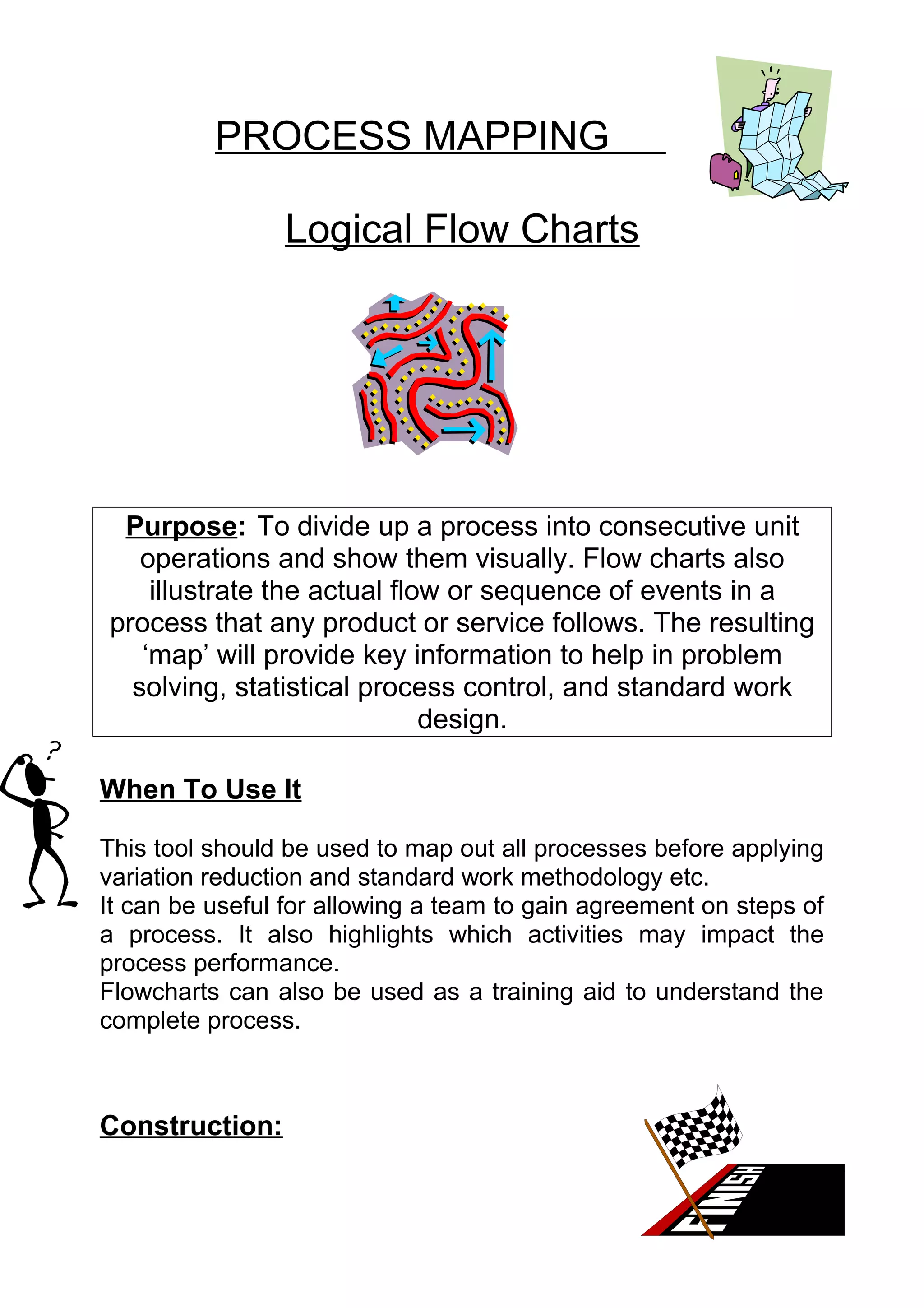 PROCESS MAPPING

                Logical Flow Charts




 Purpose: To divide up a process into consecutive unit
   operations and show them visually. Flow charts also
    illustrate the actual flow or sequence of events in a
process that any product or service follows. The resulting
   ‘map’ will provide key information to help in problem
  solving, statistical process control, and standard work
                             design.

When To Use It

This tool should be used to map out all processes before applying
variation reduction and standard work methodology etc.
It can be useful for allowing a team to gain agreement on steps of
a process. It also highlights which activities may impact the
process performance.
Flowcharts can also be used as a training aid to understand the
complete process.



Construction:
 