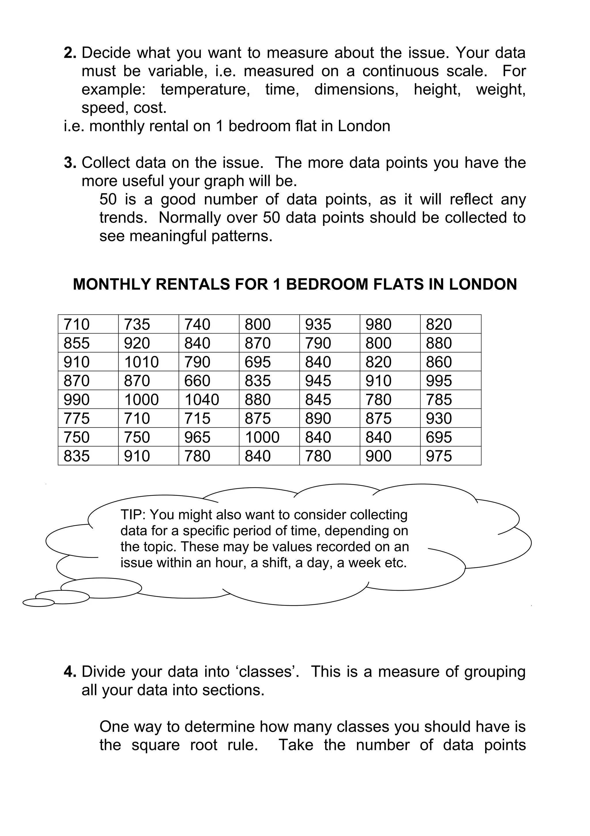 2. Decide what you want to measure about the issue. Your data
   must be variable, i.e. measured on a continuous scale. For
   example: temperature, time, dimensions, height, weight,
   speed, cost.
i.e. monthly rental on 1 bedroom flat in London

3. Collect data on the issue. The more data points you have the
   more useful your graph will be.
     50 is a good number of data points, as it will reflect any
     trends. Normally over 50 data points should be collected to
     see meaningful patterns.


 MONTHLY RENTALS FOR 1 BEDROOM FLATS IN LONDON

710      735      740        800       935       980        820
855      920      840        870       790       800        880
910      1010     790        695       840       820        860
870      870      660        835       945       910        995
990      1000     1040       880       845       780        785
775      710      715        875       890       875        930
750      750      965        1000      840       840        695
835      910      780        840       780       900        975


        TIP: You might also want to consider collecting
        data for a specific period of time, depending on
        the topic. These may be values recorded on an
        issue within an hour, a shift, a day, a week etc.




4. Divide your data into ‘classes’. This is a measure of grouping
   all your data into sections.

      One way to determine how many classes you should have is
      the square root rule. Take the number of data points
 