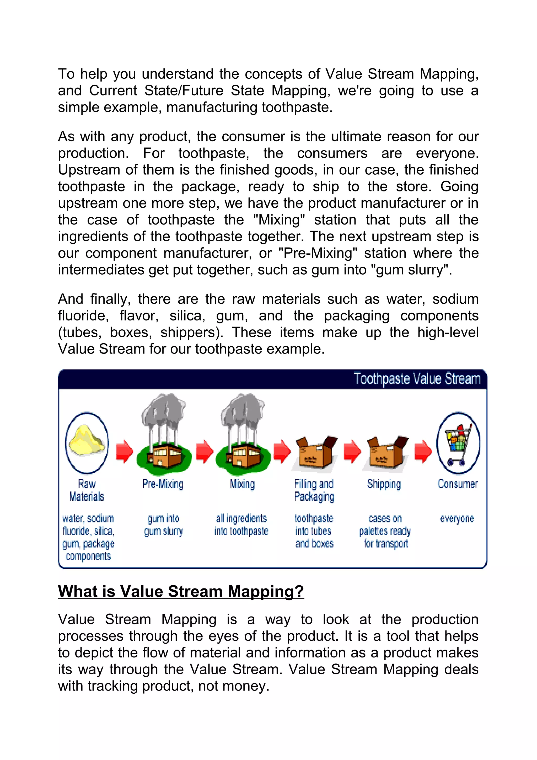 To help you understand the concepts of Value Stream Mapping,
and Current State/Future State Mapping, we're going to use a
simple example, manufacturing toothpaste.

As with any product, the consumer is the ultimate reason for our
production. For toothpaste, the consumers are everyone.
Upstream of them is the finished goods, in our case, the finished
toothpaste in the package, ready to ship to the store. Going
upstream one more step, we have the product manufacturer or in
the case of toothpaste the "Mixing" station that puts all the
ingredients of the toothpaste together. The next upstream step is
our component manufacturer, or "Pre-Mixing" station where the
intermediates get put together, such as gum into "gum slurry".

And finally, there are the raw materials such as water, sodium
fluoride, flavor, silica, gum, and the packaging components
(tubes, boxes, shippers). These items make up the high-level
Value Stream for our toothpaste example.




What is Value Stream Mapping?
Value Stream Mapping is a way to look at the production
processes through the eyes of the product. It is a tool that helps
to depict the flow of material and information as a product makes
its way through the Value Stream. Value Stream Mapping deals
with tracking product, not money.
 