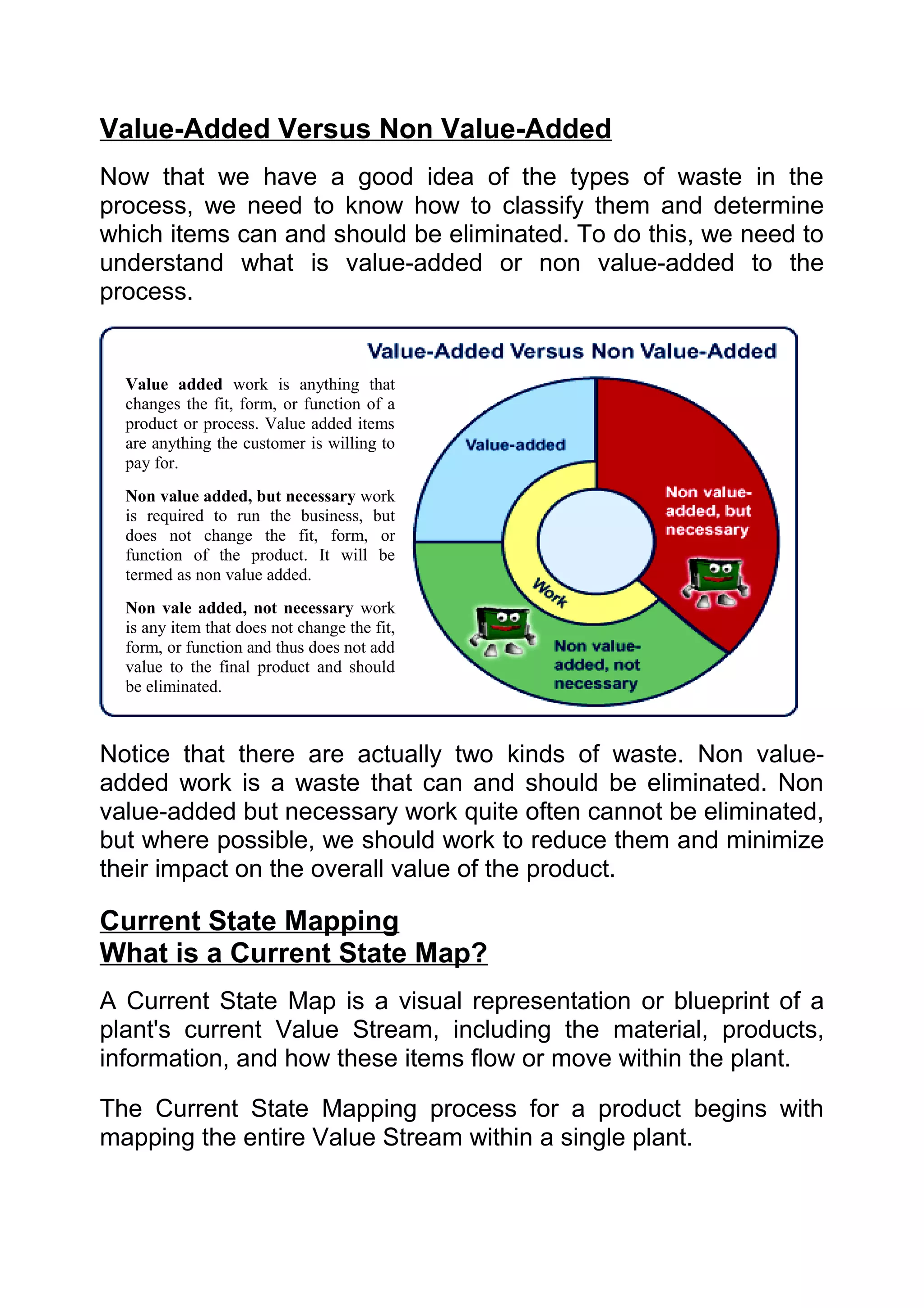 Value-Added Versus Non Value-Added
Now that we have a good idea of the types of waste in the
process, we need to know how to classify them and determine
which items can and should be eliminated. To do this, we need to
understand what is value-added or non value-added to the
process.


  Value added work is anything that
  changes the fit, form, or function of a
  product or process. Value added items
  are anything the customer is willing to
  pay for.
  Non value added, but necessary work
  is required to run the business, but
  does not change the fit, form, or
  function of the product. It will be
  termed as non value added.
  Non vale added, not necessary work
  is any item that does not change the fit,
  form, or function and thus does not add
  value to the final product and should
  be eliminated.



Notice that there are actually two kinds of waste. Non value-
added work is a waste that can and should be eliminated. Non
value-added but necessary work quite often cannot be eliminated,
but where possible, we should work to reduce them and minimize
their impact on the overall value of the product.

Current State Mapping
What is a Current State Map?
A Current State Map is a visual representation or blueprint of a
plant's current Value Stream, including the material, products,
information, and how these items flow or move within the plant.

The Current State Mapping process for a product begins with
mapping the entire Value Stream within a single plant.
 