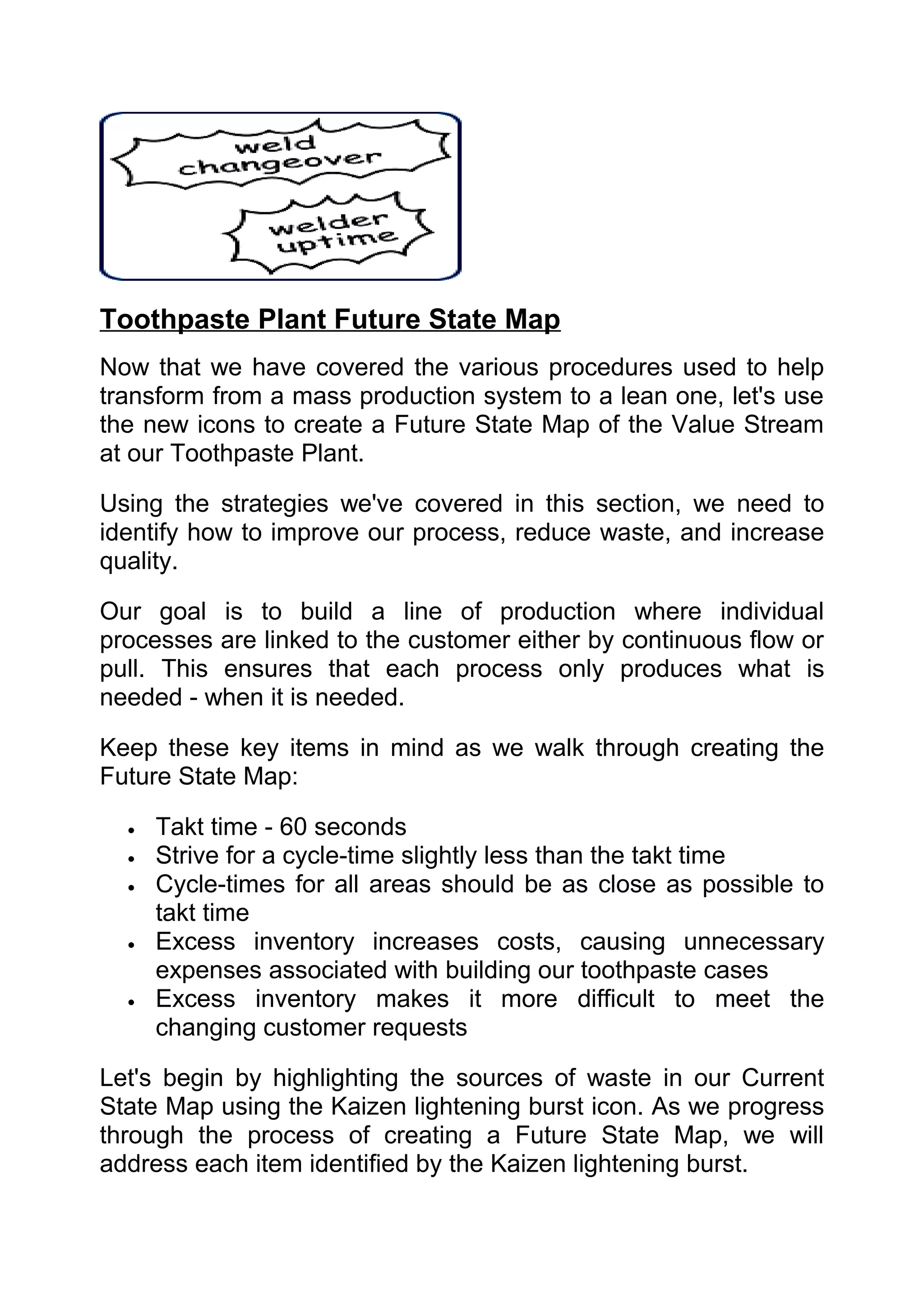 Toothpaste Plant Future State Map
Now that we have covered the various procedures used to help
transform from a mass production system to a lean one, let's use
the new icons to create a Future State Map of the Value Stream
at our Toothpaste Plant.

Using the strategies we've covered in this section, we need to
identify how to improve our process, reduce waste, and increase
quality.

Our goal is to build a line of production where individual
processes are linked to the customer either by continuous flow or
pull. This ensures that each process only produces what is
needed - when it is needed.

Keep these key items in mind as we walk through creating the
Future State Map:

  •   Takt time - 60 seconds
  •   Strive for a cycle-time slightly less than the takt time
  •   Cycle-times for all areas should be as close as possible to
      takt time
  •   Excess inventory increases costs, causing unnecessary
      expenses associated with building our toothpaste cases
  •   Excess inventory makes it more difficult to meet the
      changing customer requests

Let's begin by highlighting the sources of waste in our Current
State Map using the Kaizen lightening burst icon. As we progress
through the process of creating a Future State Map, we will
address each item identified by the Kaizen lightening burst.
 