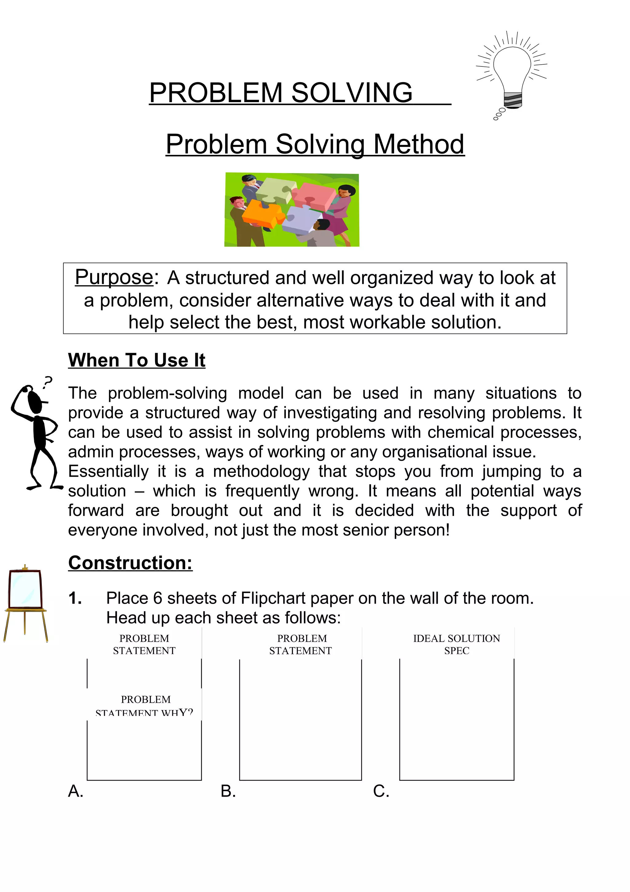 PROBLEM SOLVING
                Problem Solving Method



Purpose: A structured and well organized way to look at
     a problem, consider alternative ways to deal with it and
          help select the best, most workable solution.

When To Use It
The problem-solving model can be used in many situations to
provide a structured way of investigating and resolving problems. It
can be used to assist in solving problems with chemical processes,
admin processes, ways of working or any organisational issue.
Essentially it is a methodology that stops you from jumping to a
solution – which is frequently wrong. It means all potential ways
forward are brought out and it is decided with the support of
everyone involved, not just the most senior person!
Construction:
1.     Place 6 sheets of Flipchart paper on the wall of the room.
       Head up each sheet as follows:
         PROBLEM              PROBLEM           IDEAL SOLUTION
        STATEMENT            STATEMENT               SPEC



          PROBLEM
      STATEMENT WHY?




A.                     B.                  C.
 