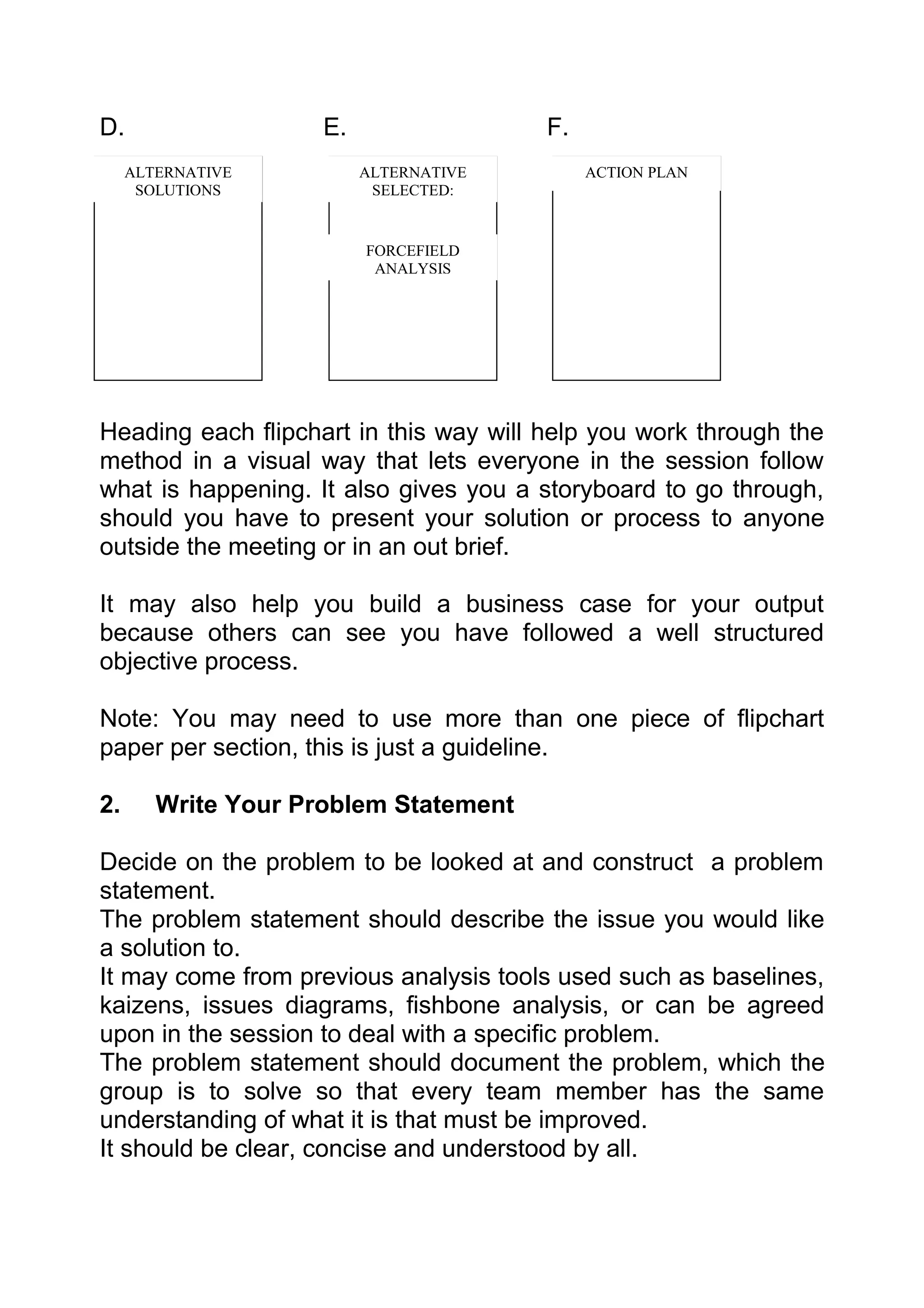 D.                   E.                 F.
     ALTERNATIVE          ALTERNATIVE        ACTION PLAN
      SOLUTIONS            SELECTED:


                          FORCEFIELD
                           ANALYSIS




Heading each flipchart in this way will help you work through the
method in a visual way that lets everyone in the session follow
what is happening. It also gives you a storyboard to go through,
should you have to present your solution or process to anyone
outside the meeting or in an out brief.

It may also help you build a business case for your output
because others can see you have followed a well structured
objective process.

Note: You may need to use more than one piece of flipchart
paper per section, this is just a guideline.

2.      Write Your Problem Statement

Decide on the problem to be looked at and construct a problem
statement.
The problem statement should describe the issue you would like
a solution to.
It may come from previous analysis tools used such as baselines,
kaizens, issues diagrams, fishbone analysis, or can be agreed
upon in the session to deal with a specific problem.
The problem statement should document the problem, which the
group is to solve so that every team member has the same
understanding of what it is that must be improved.
It should be clear, concise and understood by all.
 