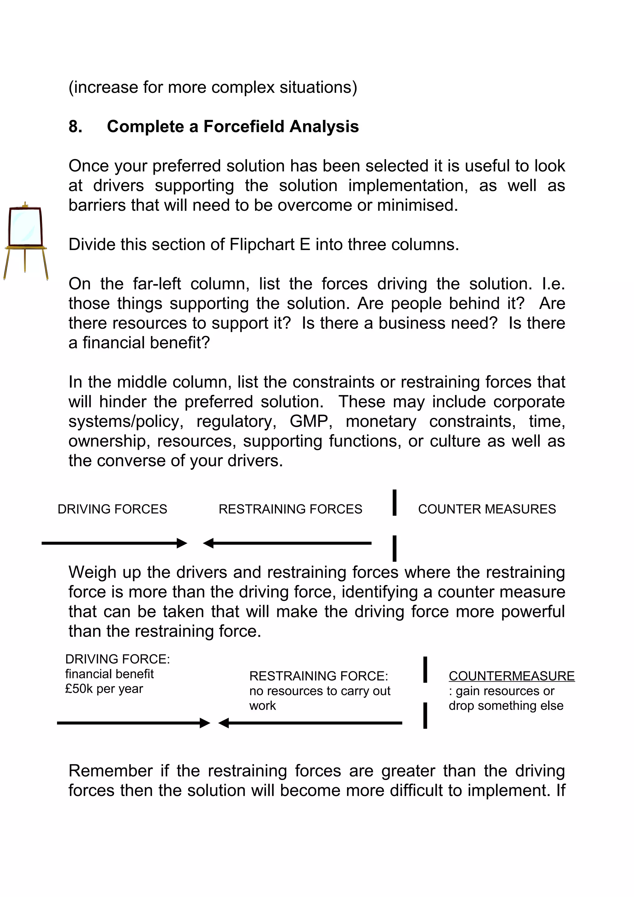 (increase for more complex situations)

 8.   Complete a Forcefield Analysis

 Once your preferred solution has been selected it is useful to look
 at drivers supporting the solution implementation, as well as
 barriers that will need to be overcome or minimised.

 Divide this section of Flipchart E into three columns.

 On the far-left column, list the forces driving the solution. I.e.
 those things supporting the solution. Are people behind it? Are
 there resources to support it? Is there a business need? Is there
 a financial benefit?

 In the middle column, list the constraints or restraining forces that
 will hinder the preferred solution. These may include corporate
 systems/policy, regulatory, GMP, monetary constraints, time,
 ownership, resources, supporting functions, or culture as well as
 the converse of your drivers.

DRIVING FORCES       RESTRAINING FORCES               COUNTER MEASURES




 Weigh up the drivers and restraining forces where the restraining
 force is more than the driving force, identifying a counter measure
 that can be taken that will make the driving force more powerful
 than the restraining force.
DRIVING FORCE:
financial benefit         RESTRAINING FORCE:             COUNTERMEASURE
£50k per year             no resources to carry out      : gain resources or
                          work                           drop something else




 Remember if the restraining forces are greater than the driving
 forces then the solution will become more difficult to implement. If
 