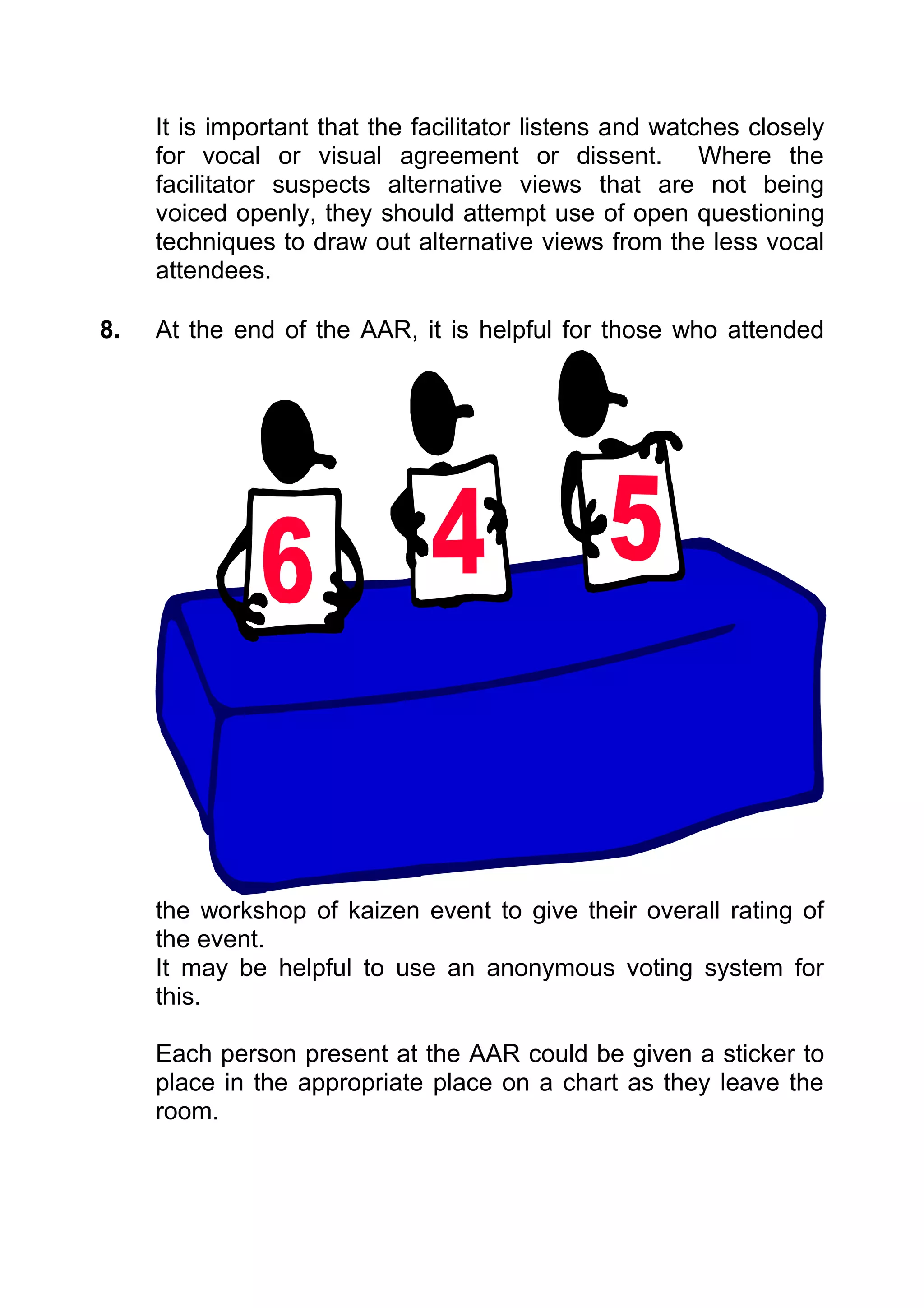 It is important that the facilitator listens and watches closely
     for vocal or visual agreement or dissent. Where the
     facilitator suspects alternative views that are not being
     voiced openly, they should attempt use of open questioning
     techniques to draw out alternative views from the less vocal
     attendees.

8.   At the end of the AAR, it is helpful for those who attended




     the workshop of kaizen event to give their overall rating of
     the event.
     It may be helpful to use an anonymous voting system for
     this.

     Each person present at the AAR could be given a sticker to
     place in the appropriate place on a chart as they leave the
     room.
 