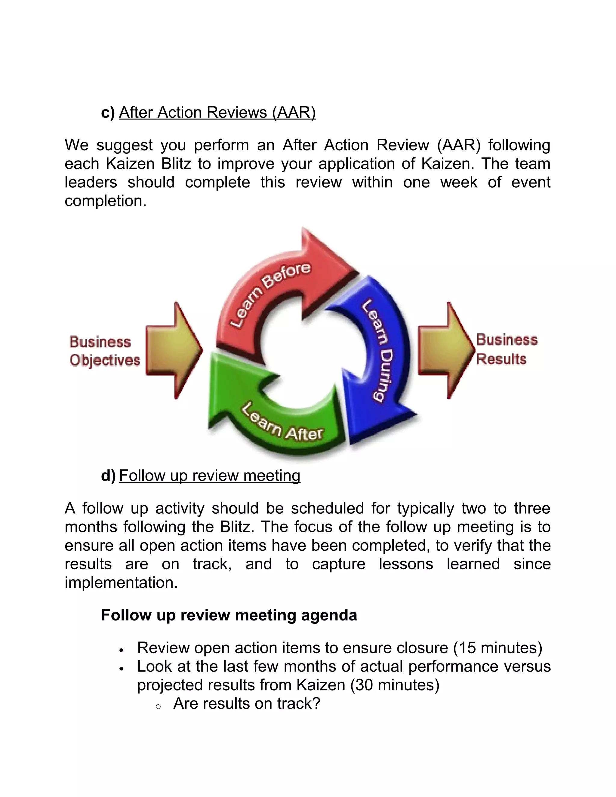 c) After Action Reviews (AAR)

We suggest you perform an After Action Review (AAR) following
each Kaizen Blitz to improve your application of Kaizen. The team
leaders should complete this review within one week of event
completion.




     d) Follow up review meeting

A follow up activity should be scheduled for typically two to three
months following the Blitz. The focus of the follow up meeting is to
ensure all open action items have been completed, to verify that the
results are on track, and to capture lessons learned since
implementation.

     Follow up review meeting agenda

       •   Review open action items to ensure closure (15 minutes)
       •   Look at the last few months of actual performance versus
           projected results from Kaizen (30 minutes)
             o Are results on track?
 