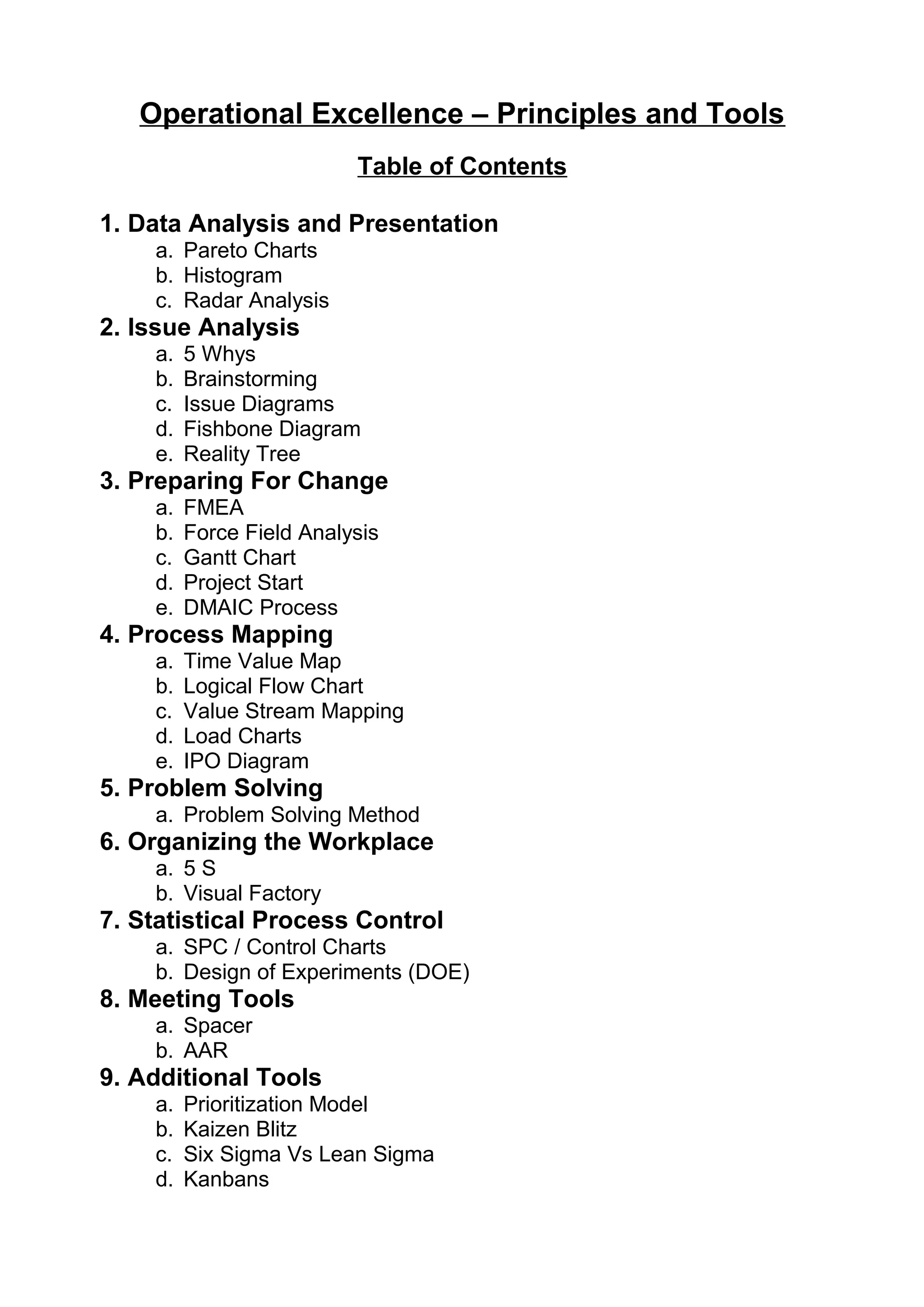 Operational Excellence – Principles and Tools
                          Table of Contents

1. Data Analysis and Presentation
    a. Pareto Charts
    b. Histogram
    c. Radar Analysis
2. Issue Analysis
    a.   5 Whys
    b.   Brainstorming
    c.   Issue Diagrams
    d.   Fishbone Diagram
    e.   Reality Tree
3. Preparing For Change
    a.   FMEA
    b.   Force Field Analysis
    c.   Gantt Chart
    d.   Project Start
    e.   DMAIC Process
4. Process Mapping
    a.   Time Value Map
    b.   Logical Flow Chart
    c.   Value Stream Mapping
    d.   Load Charts
    e.   IPO Diagram
5. Problem Solving
    a. Problem Solving Method
6. Organizing the Workplace
    a. 5 S
    b. Visual Factory
7. Statistical Process Control
    a. SPC / Control Charts
    b. Design of Experiments (DOE)
8. Meeting Tools
    a. Spacer
    b. AAR
9. Additional Tools
    a.   Prioritization Model
    b.   Kaizen Blitz
    c.   Six Sigma Vs Lean Sigma
    d.   Kanbans
 