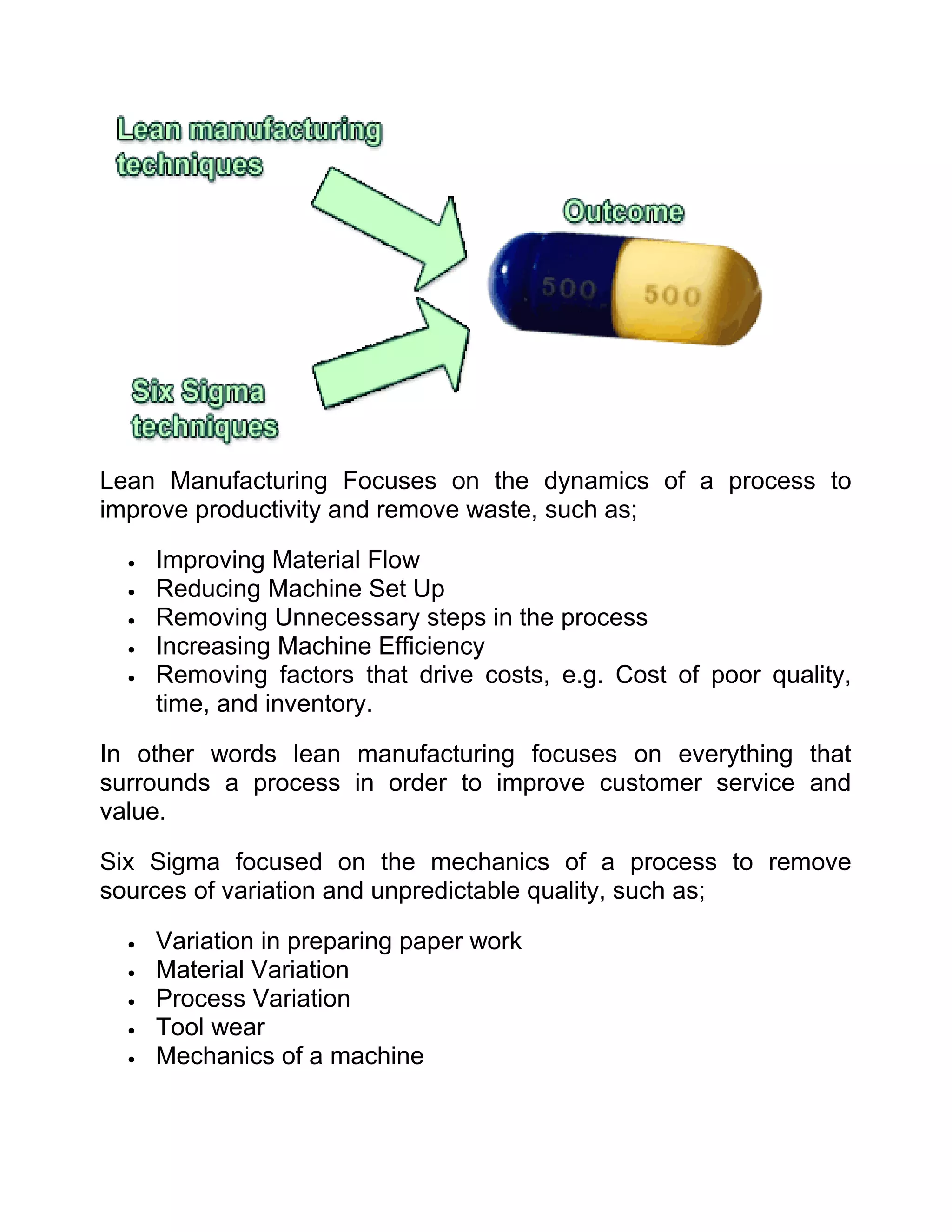 Lean Manufacturing Focuses on the dynamics of a process to
improve productivity and remove waste, such as;

  •   Improving Material Flow
  •   Reducing Machine Set Up
  •   Removing Unnecessary steps in the process
  •   Increasing Machine Efficiency
  •   Removing factors that drive costs, e.g. Cost of poor quality,
      time, and inventory.

In other words lean manufacturing focuses on everything that
surrounds a process in order to improve customer service and
value.

Six Sigma focused on the mechanics of a process to remove
sources of variation and unpredictable quality, such as;

  •   Variation in preparing paper work
  •   Material Variation
  •   Process Variation
  •   Tool wear
  •   Mechanics of a machine
 