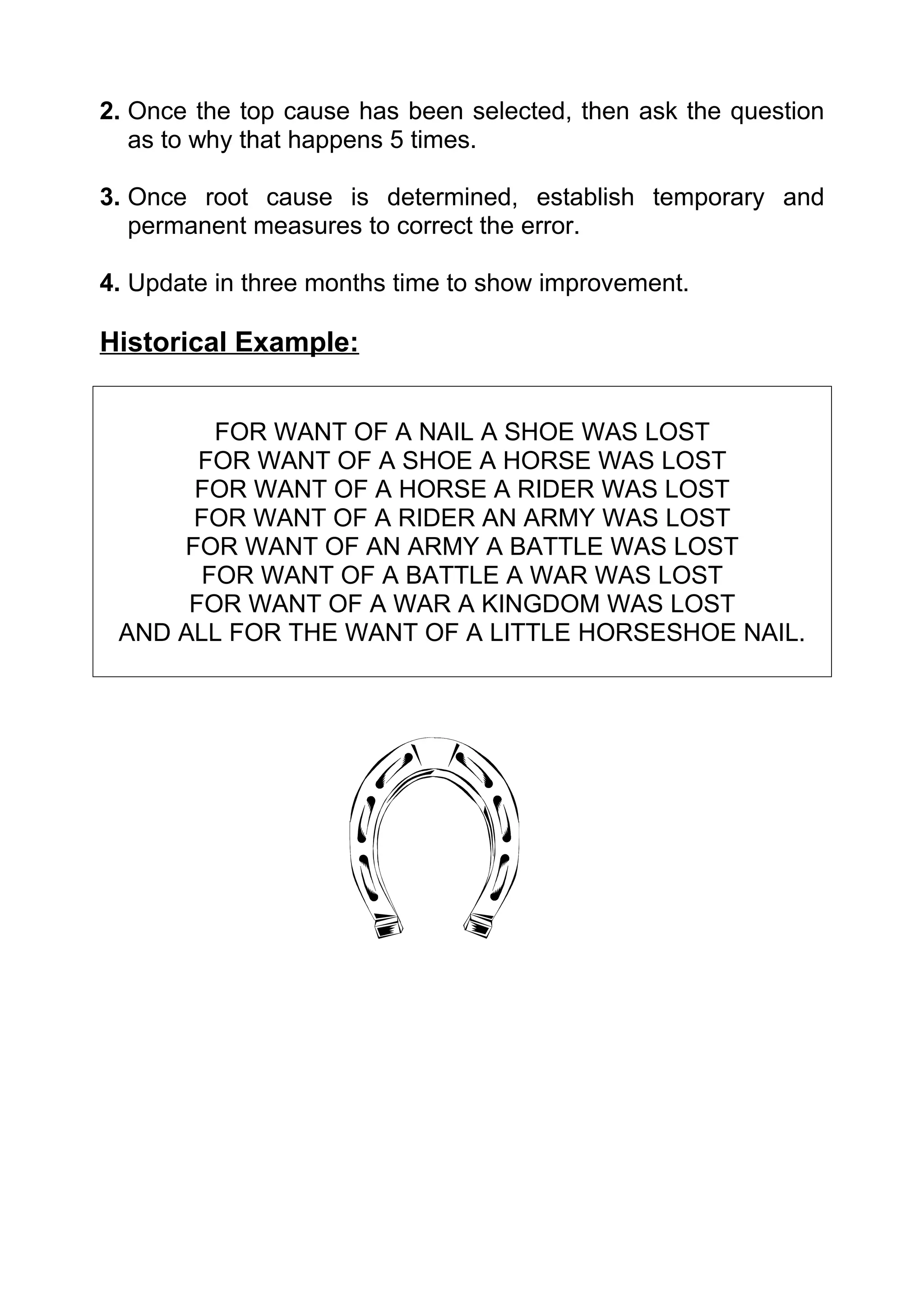 2. Once the top cause has been selected, then ask the question
   as to why that happens 5 times.

3. Once root cause is determined, establish temporary and
   permanent measures to correct the error.

4. Update in three months time to show improvement.

Historical Example:


        FOR WANT OF A NAIL A SHOE WAS LOST
       FOR WANT OF A SHOE A HORSE WAS LOST
      FOR WANT OF A HORSE A RIDER WAS LOST
      FOR WANT OF A RIDER AN ARMY WAS LOST
     FOR WANT OF AN ARMY A BATTLE WAS LOST
       FOR WANT OF A BATTLE A WAR WAS LOST
      FOR WANT OF A WAR A KINGDOM WAS LOST
 AND ALL FOR THE WANT OF A LITTLE HORSESHOE NAIL.
 