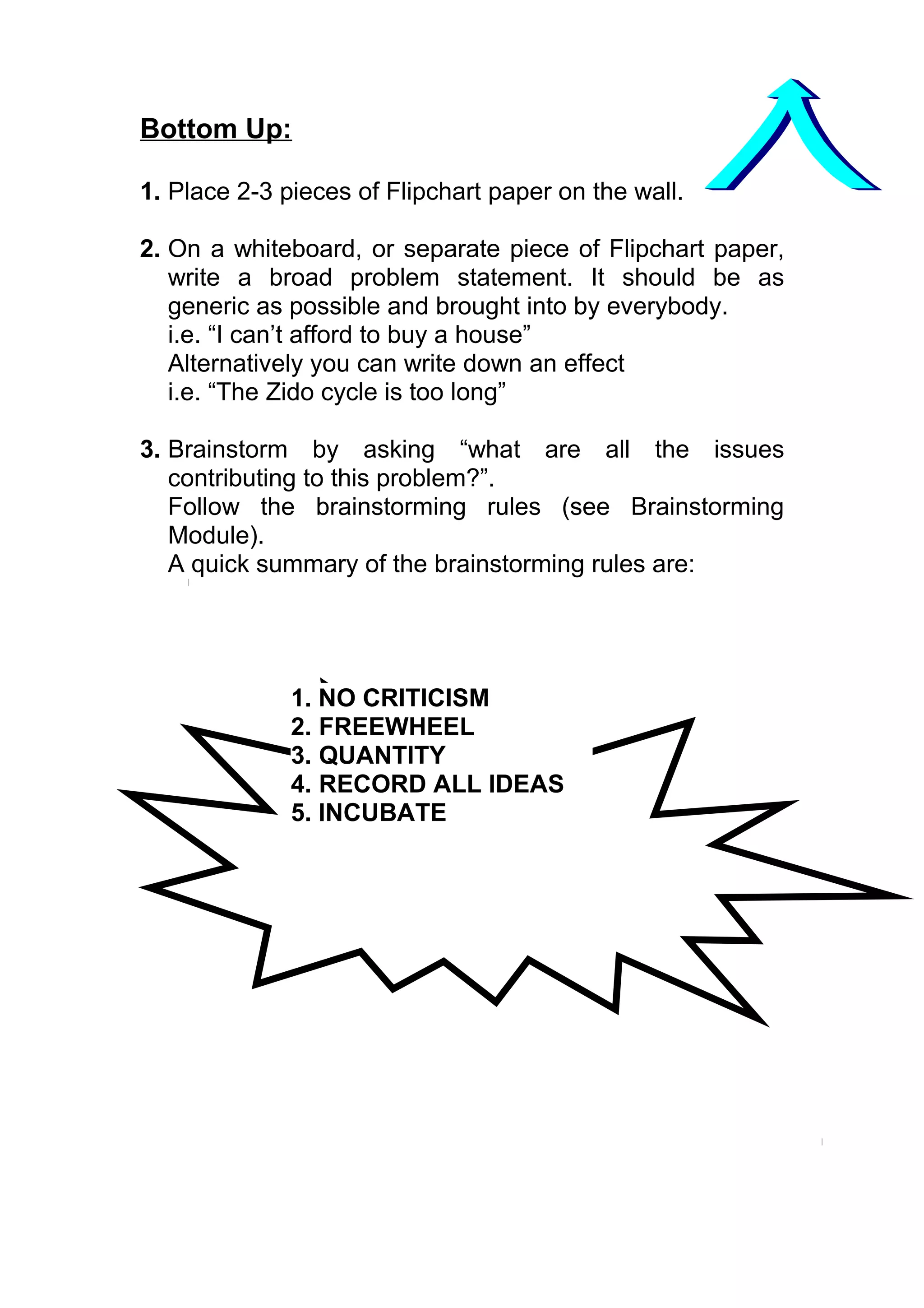 Bottom Up:

1. Place 2-3 pieces of Flipchart paper on the wall.

2. On a whiteboard, or separate piece of Flipchart paper,
   write a broad problem statement. It should be as
   generic as possible and brought into by everybody.
   i.e. “I can’t afford to buy a house”
   Alternatively you can write down an effect
   i.e. “The Zido cycle is too long”

3. Brainstorm by asking “what are all the issues
   contributing to this problem?”.
   Follow the brainstorming rules (see Brainstorming
   Module).
   A quick summary of the brainstorming rules are:




              1. NO CRITICISM
              2. FREEWHEEL
              3. QUANTITY
              4. RECORD ALL IDEAS
              5. INCUBATE
 
