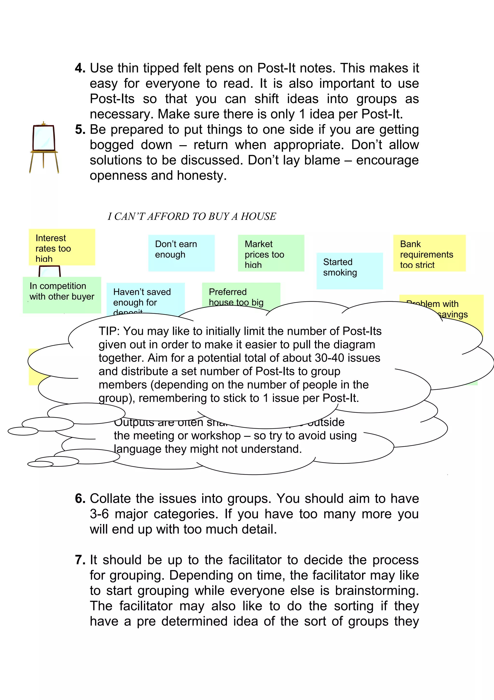 4. Use thin tipped felt pens on Post-It notes. This makes it
                easy for everyone to read. It is also important to use
                Post-Its so that you can shift ideas into groups as
                necessary. Make sure there is only 1 idea per Post-It.
             5. Be prepared to put things to one side if you are getting
                bogged down – return when appropriate. Don’t allow
                solutions to be discussed. Don’t lay blame – encourage
                openness and honesty.


                    I CAN’T AFFORD TO BUY A HOUSE
 Interest
 rates too                     Don’t earn          Market                        Bank
                               enough              prices too                    requirements
 high                                                             Started
                                                   high                          too strict
                                                                  smoking
In competition
                      Haven’t saved         Preferred
with other buyer
                      enough for            house too big                         Problem with
                      deposit               and expensive                         bank & savings
                                                                Need to keep      history
                   TIP: You may like to initially limit the number of Post-Its
                                                                 savings for
                                            Not earning
                   given out in order to make it interest to pullbackup – job
                                            good
                                                   easier         the diagram
                        Bills too high
 Money tied                                 rate total of aboutsituationissues
                   together. Aim for a potentialon                30-40              Only looking
 up in shares      and distribute a set number of Post-Its to group
                                            savings                                  in expensive
                                                                                     area
                   members (depending on the number of people in the
                   group), remembering to stick to 1 issue per Post-It.
                      TIP: Don’t make your points too technical.
                      Outputs are often shared with people outside
                      the meeting or workshop – so try to avoid using
                      language they might not understand.



             6. Collate the issues into groups. You should aim to have
                3-6 major categories. If you have too many more you
                will end up with too much detail.

             7. It should be up to the facilitator to decide the process
                for grouping. Depending on time, the facilitator may like
                to start grouping while everyone else is brainstorming.
                The facilitator may also like to do the sorting if they
                have a pre determined idea of the sort of groups they
 