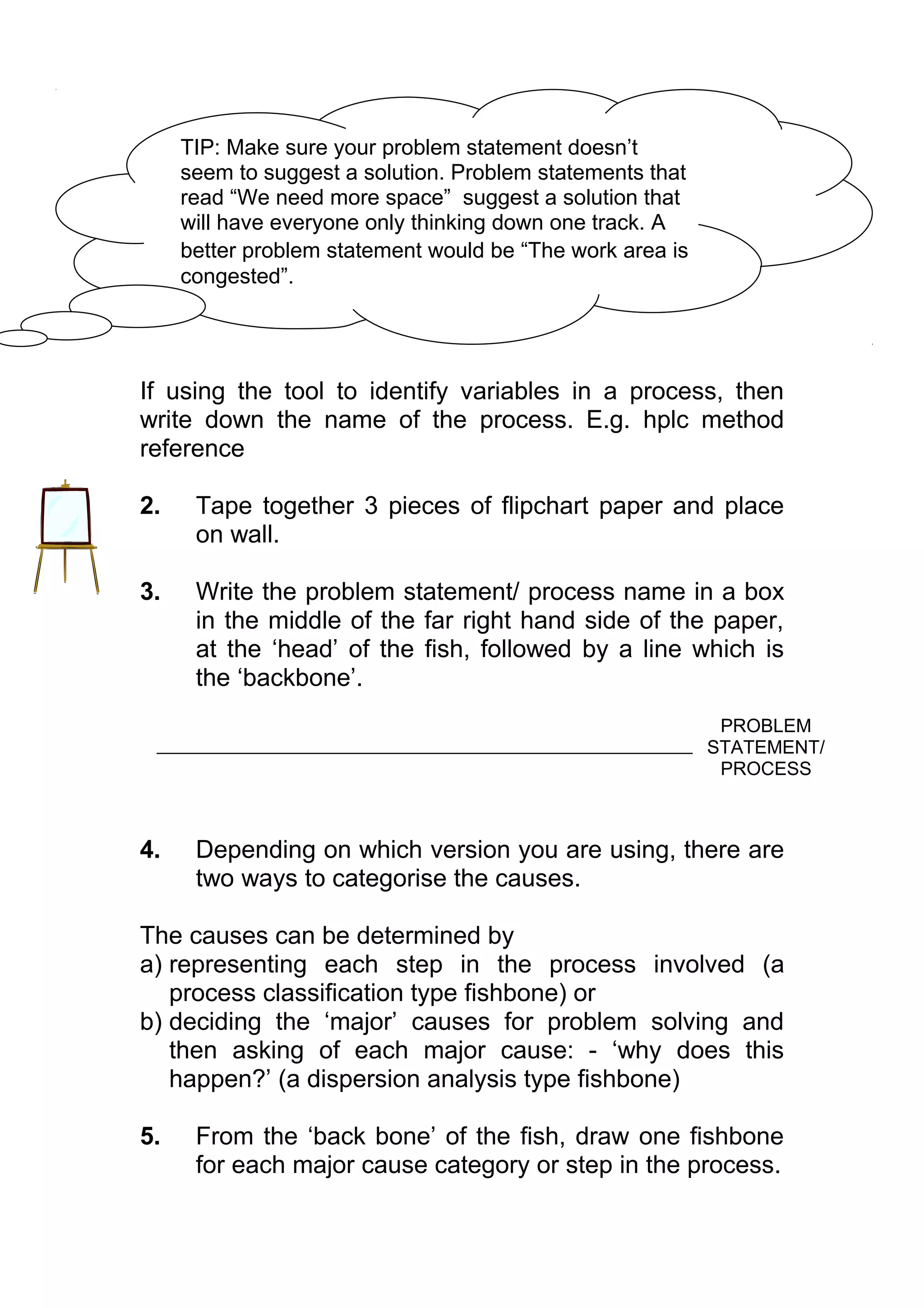 TIP: Make sure your problem statement doesn’t
     seem to suggest a solution. Problem statements that
     read “We need more space” suggest a solution that
     will have everyone only thinking down one track. A
     better problem statement would be “The work area is
     congested”.




If using the tool to identify variables in a process, then
write down the name of the process. E.g. hplc method
reference

2.    Tape together 3 pieces of flipchart paper and place
      on wall.

3.    Write the problem statement/ process name in a box
      in the middle of the far right hand side of the paper,
      at the ‘head’ of the fish, followed by a line which is
      the ‘backbone’.
                                                            PROBLEM
                                                           STATEMENT/
                                                            PROCESS



4.    Depending on which version you are using, there are
      two ways to categorise the causes.

The causes can be determined by
a) representing each step in the process involved (a
   process classification type fishbone) or
b) deciding the ‘major’ causes for problem solving and
   then asking of each major cause: - ‘why does this
   happen?’ (a dispersion analysis type fishbone)

5.    From the ‘back bone’ of the fish, draw one fishbone
      for each major cause category or step in the process.
 