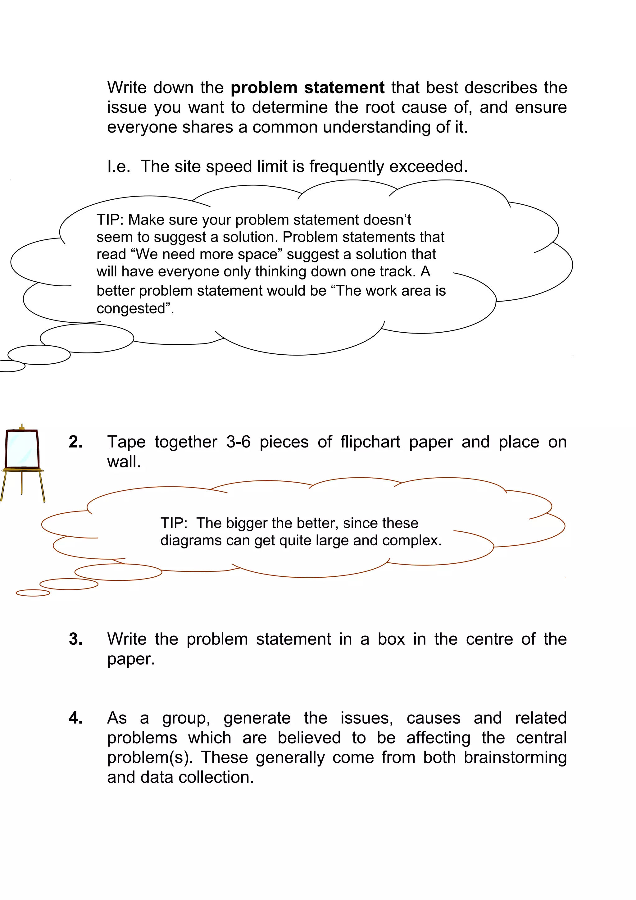 Write down the problem statement that best describes the
      issue you want to determine the root cause of, and ensure
      everyone shares a common understanding of it.

      I.e. The site speed limit is frequently exceeded.


     TIP: Make sure your problem statement doesn’t
     seem to suggest a solution. Problem statements that
     read “We need more space” suggest a solution that
     will have everyone only thinking down one track. A
     better problem statement would be “The work area is
     congested”.




2.    Tape together 3-6 pieces of flipchart paper and place on
      wall.


              TIP: The bigger the better, since these
              diagrams can get quite large and complex.




3.    Write the problem statement in a box in the centre of the
      paper.


4.    As a group, generate the issues, causes and related
      problems which are believed to be affecting the central
      problem(s). These generally come from both brainstorming
      and data collection.
 