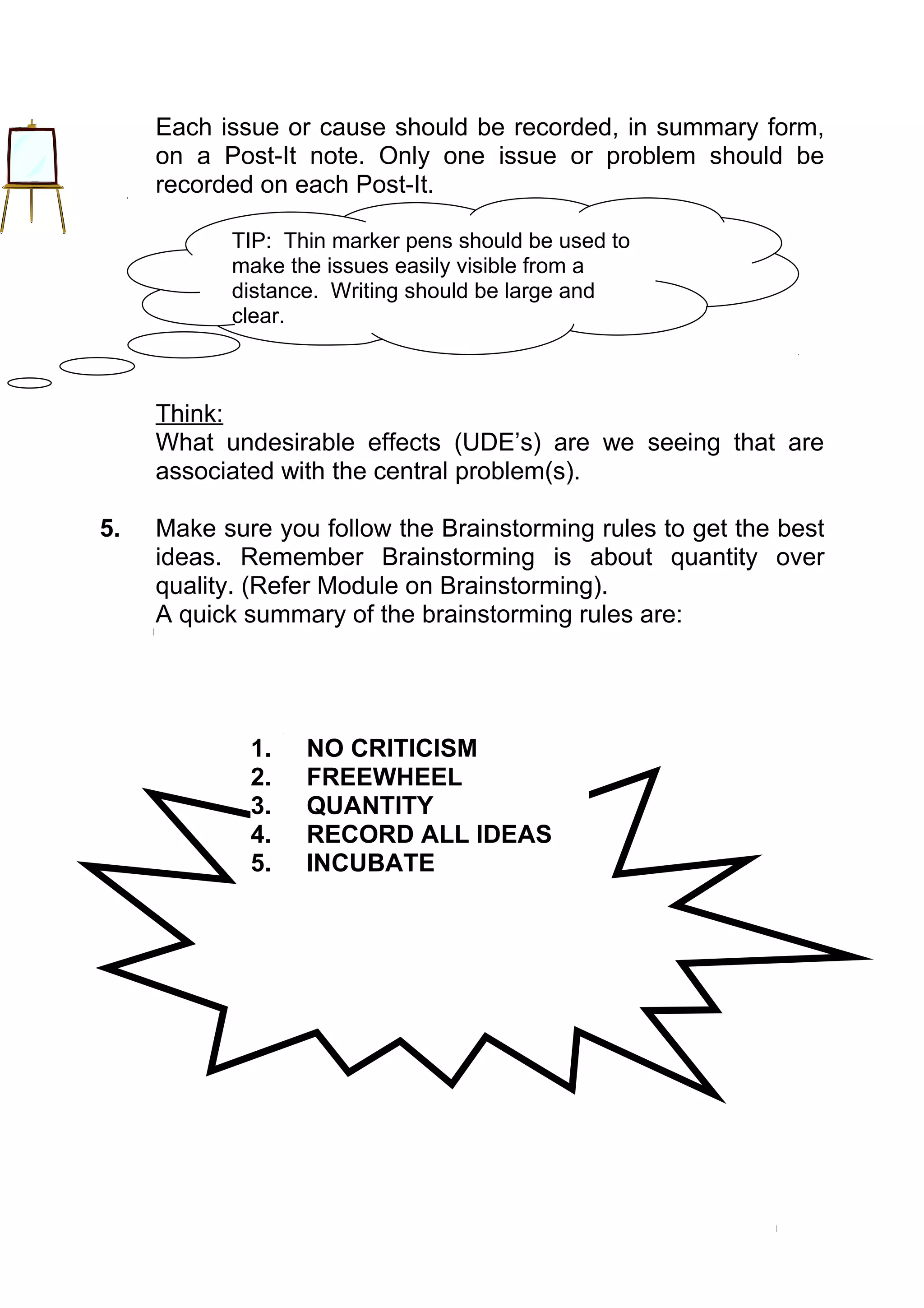 Each issue or cause should be recorded, in summary form,
     on a Post-It note. Only one issue or problem should be
     recorded on each Post-It.

           TIP: Thin marker pens should be used to
           make the issues easily visible from a
           distance. Writing should be large and
           clear.



     Think:
     What undesirable effects (UDE’s) are we seeing that are
     associated with the central problem(s).

5.   Make sure you follow the Brainstorming rules to get the best
     ideas. Remember Brainstorming is about quantity over
     quality. (Refer Module on Brainstorming).
     A quick summary of the brainstorming rules are:




             1.   NO CRITICISM
             2.   FREEWHEEL
             3.   QUANTITY
             4.   RECORD ALL IDEAS
             5.   INCUBATE
 
