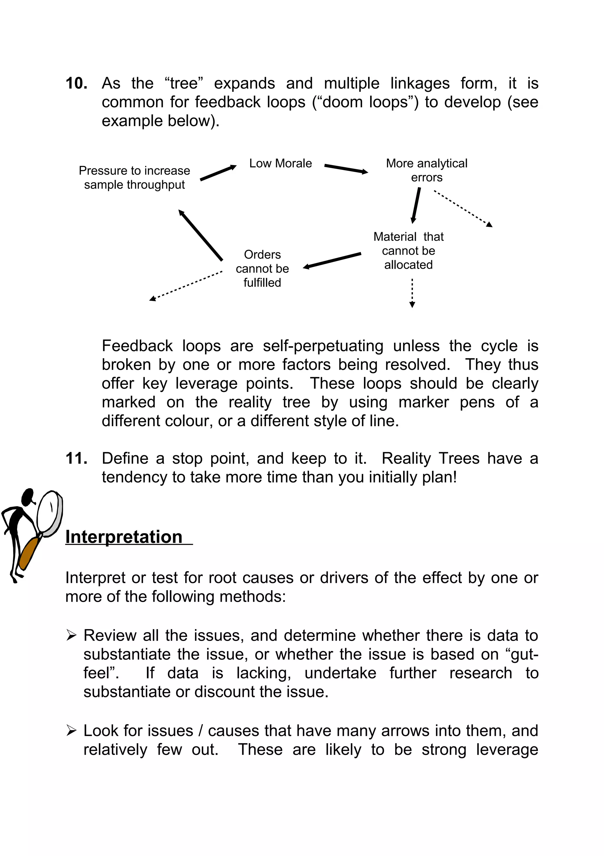 10. As the “tree” expands and multiple linkages form, it is
    common for feedback loops (“doom loops”) to develop (see
    example below).

                          Low Morale          More analytical
 Pressure to increase
                                                  errors
  sample throughput



                                            Material that
                         Orders              cannot be
                        cannot be            allocated
                         fulfilled




     Feedback loops are self-perpetuating unless the cycle is
     broken by one or more factors being resolved. They thus
     offer key leverage points. These loops should be clearly
     marked on the reality tree by using marker pens of a
     different colour, or a different style of line.

11. Define a stop point, and keep to it. Reality Trees have a
    tendency to take more time than you initially plan!


Interpretation

Interpret or test for root causes or drivers of the effect by one or
more of the following methods:

 Review all the issues, and determine whether there is data to
  substantiate the issue, or whether the issue is based on “gut-
  feel”.  If data is lacking, undertake further research to
  substantiate or discount the issue.

 Look for issues / causes that have many arrows into them, and
  relatively few out. These are likely to be strong leverage
 