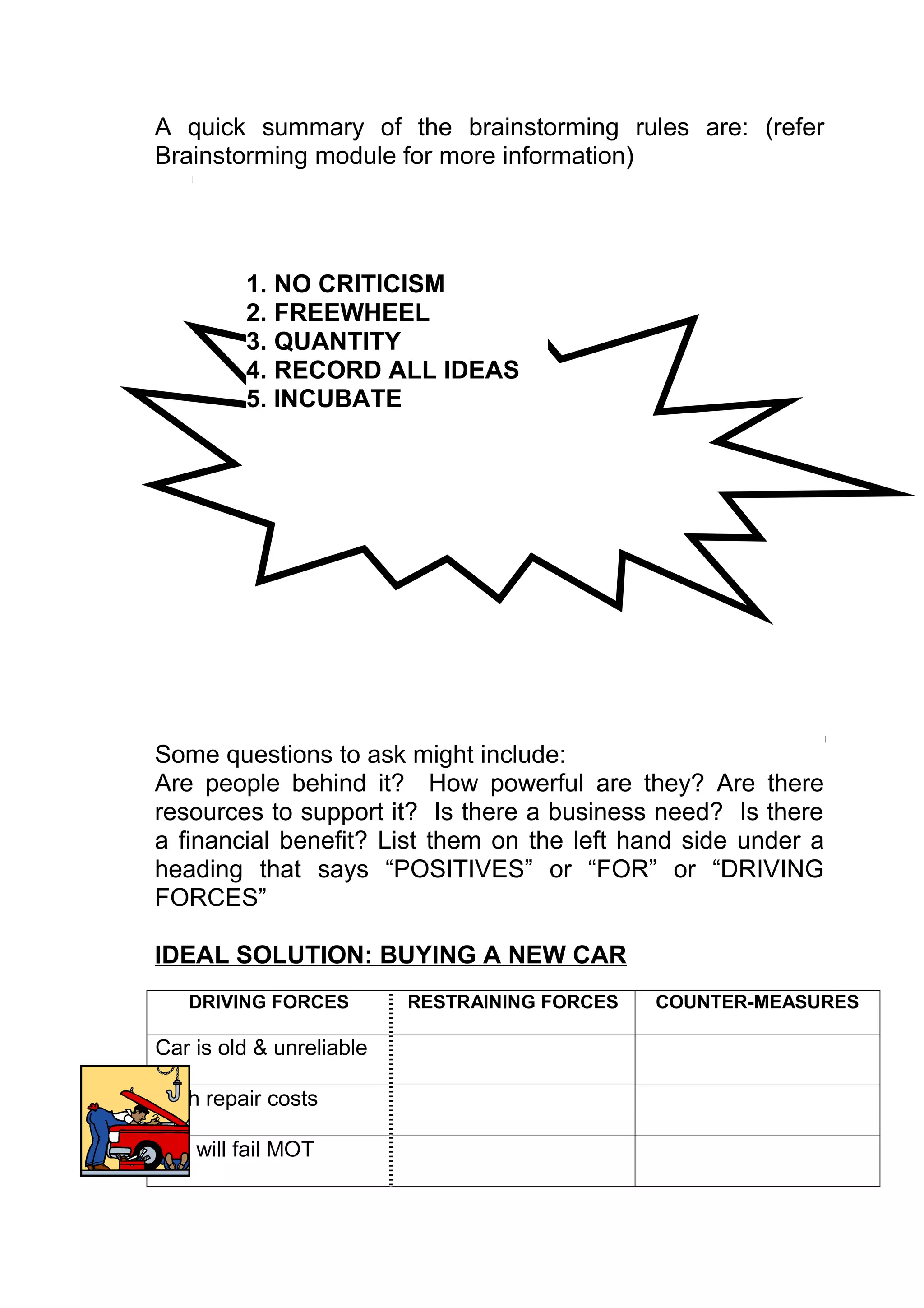 A quick summary of the brainstorming rules are: (refer
Brainstorming module for more information)




         1. NO CRITICISM
         2. FREEWHEEL
         3. QUANTITY
         4. RECORD ALL IDEAS
         5. INCUBATE




Some questions to ask might include:
Are people behind it? How powerful are they? Are there
resources to support it? Is there a business need? Is there
a financial benefit? List them on the left hand side under a
heading that says “POSITIVES” or “FOR” or “DRIVING
FORCES”

IDEAL SOLUTION: BUYING A NEW CAR
   DRIVING FORCES         RESTRAINING FORCES   COUNTER-MEASURES

Car is old & unreliable

High repair costs

Car will fail MOT
 