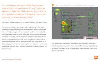 a division of Location3 Media, Inc.
Page 8 // www.Location3.com // @Location3
You go to Google and type in “Green Bay restaurant.”
What appears on the right panel? A map of restaurant
locations in Green Bay. Where did that data come from,
and if you are a restaurateur in Green Bay, how do you
ensure your business shows up there?
The answers to these questions are the basis for the entire local search industry.
Approximately four years ago, Google made a major change in their search
engine results page by introducing a “Universal Search” system that blended
listings with video, images and news results along with the sites it gathered
from crawling web pages. Universal Search also accommodated the increase
in searches for location-specific information. Instead of just searching “brown
boots,” many people were searching “brown boots Denver.” Search engines
tested this new interest trend by placing a map and local listings at the top of
the results page. Heat map reports showing how users absorb a search results
page implied that users paid a good deal of attention to the map listings at the
top of the page.
Figure 1.2 Heat map reporting demonstrates areas of high visual concentration on web pages.
This research also indicates that users interact with map listings and organic
search results more frequently than the paid ads. This change prompted Google
to prioritize local search to the top of the search results page, and in time most
engines followed suit.
 
