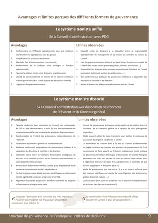 Avantages et limites perçues des différents formats de gouvernance

                                                             Le système moniste unifié
                                                     SA à Conseil d’administration avec PDG

     Avantages                                                                     Limites observées
     1.	   Renforcement de l’efficacité opérationnelle avec une meilleure          1.	         Capacité réelle du dirigeant à se dédoubler entre sa responsabilité
           coordination des opérations au sein du groupe                                       opérationnelle de management et sa mission de contrôle au niveau du
     2.	   Simplification du processus décisionnel                                             Conseil
     3.	   Réactivité face à l’environnement concurrentiel                         2.	         Lien dirigeant–actionnaire renforcé qui peut limiter la prise en compte de
     4.	   Renforcement de la cohésion entre stratégie et fonction                             l’intérêt des autres parties prenantes (clients, salariés, fournisseurs...)
           opérationnelle                                                          3.	         Disponibilité du dirigeant pour assumer ses missions de Président de Conseil
     5.	   Favorise la relation étroite entre dirigeants et actionnaires                       (animation du Conseil, gestion des actionnaires, …)
     6.	   Unicité de commandement en interne et en externe (meilleure             4.	         Non-conformité aux pratiques de gouvernance relatives à la séparation des
           lisibilité par le marché et facilité de prise de décision en interne)               fonctions de contrôle et de direction
     7.	   Logique du dirigeant entrepreneur                                       5.	         Risque d’absence de débats contradictoires au sein du Conseil




                                                           Le système moniste dissocié 
                                     SA à Conseil d’administration avec dissociation des fonctions
                                                 de Président et de Directeur général

     Avantages                                                                           Limites observées
     1.	   Capacité renforcée dans l’animation du Conseil, des actionnaires,             1.	     Format de gouvernance qui repose sur la qualité de la relation entre le
           de l’AG et des administrateurs, le suivi du bon fonctionnement des                    Président et le Directeur général et le respect de leurs prérogatives
           organes sociaux et la mise en œuvre des pratiques de gouvernance                      respectives 
     2.	   Représentation de l’intérêt des actionnaires indépendamment de                2.	     Mode souvent utilisé de façon transitoire pour faciliter le processus de
           l’Exécutif                                                                            succession du dirigeant à la tête de la société
     3.	   Focalisation du Directeur général sur son rôle exécutif                       3.	     La nomination de l’ancien PDG à la tête du Conseil d’administration
     4.	   Meilleure conformité aux pratiques de gouvernance relatives à la                      est jugée contraire par certains aux principes de gouvernance où il est
           séparation des fonctions de contrôle et de direction                                  recommandé de faire appel à un Président indépendant (cette pratique
     5.	   Distinction claire entre les fonctions d’orientation stratégique, de                  est désormais interdite en Allemagne et déconseillée en Grande Bretagne)
           décision et de contrôle (Conseil) et les fonctions opérationnelles et         4.	     Répartition des rôles peu décrite par la loi qui mérite d’être affinée dans
           exécutives (Direction générale)                                                       le règlement intérieur de façon très opérationnelle et concrète, et que
     6.	   Amélioration du fonctionnement du Conseil grâce à la présence d’une                   doivent s’approprier le Président et le DG.
           personne exclusivement dédiée à sa présidence                                 5.	     Mode de gouvernance qui fonctionne s’il y a un espace suffisant pour
     7.	   Format de gouvernance adapté pour des sociétés avec un actionnariat                   des missions spécifiques au niveau du Conseil (gestion des actionnaires,
           familial significatif, succession progressive d’un PDG                                gestion de grands risques, …)
     8.	   Répartition équilibrée des pouvoirs limitant l’isolement du dirigeant         6.	     La dissociation peut poser un problème dans le cadre de la représentation
           et favorisant un dialogue entre pairs                                                 vis-à-vis des tiers (qui est le «patron»?)




     «  Dissocier l'exécution et le contrôle, est très important.
        Pourrait-on imaginer que les joueurs de football
     choisissent leur arbitre ?».
                                                                                                «    La nomination d’un Président non exécutif oblige
                                                                                                     souvent le Conseil à plus de gouvernance ».




	   Structure de gouvernance de l’entreprise : critères de décisions                                                                                                           9
 
