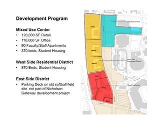 Development Program

Mixed Use Center
•   120,000 SF Retail
•   110,000 SF Office
•   90 Faculty/Staff Apartments
•   370 beds, Student Housing


West Side Residential District
•   870 Beds, Student Housing


East Side District
•   Parking Deck on old softball field
    site, not part of Nicholson
    Gateway development project
 
