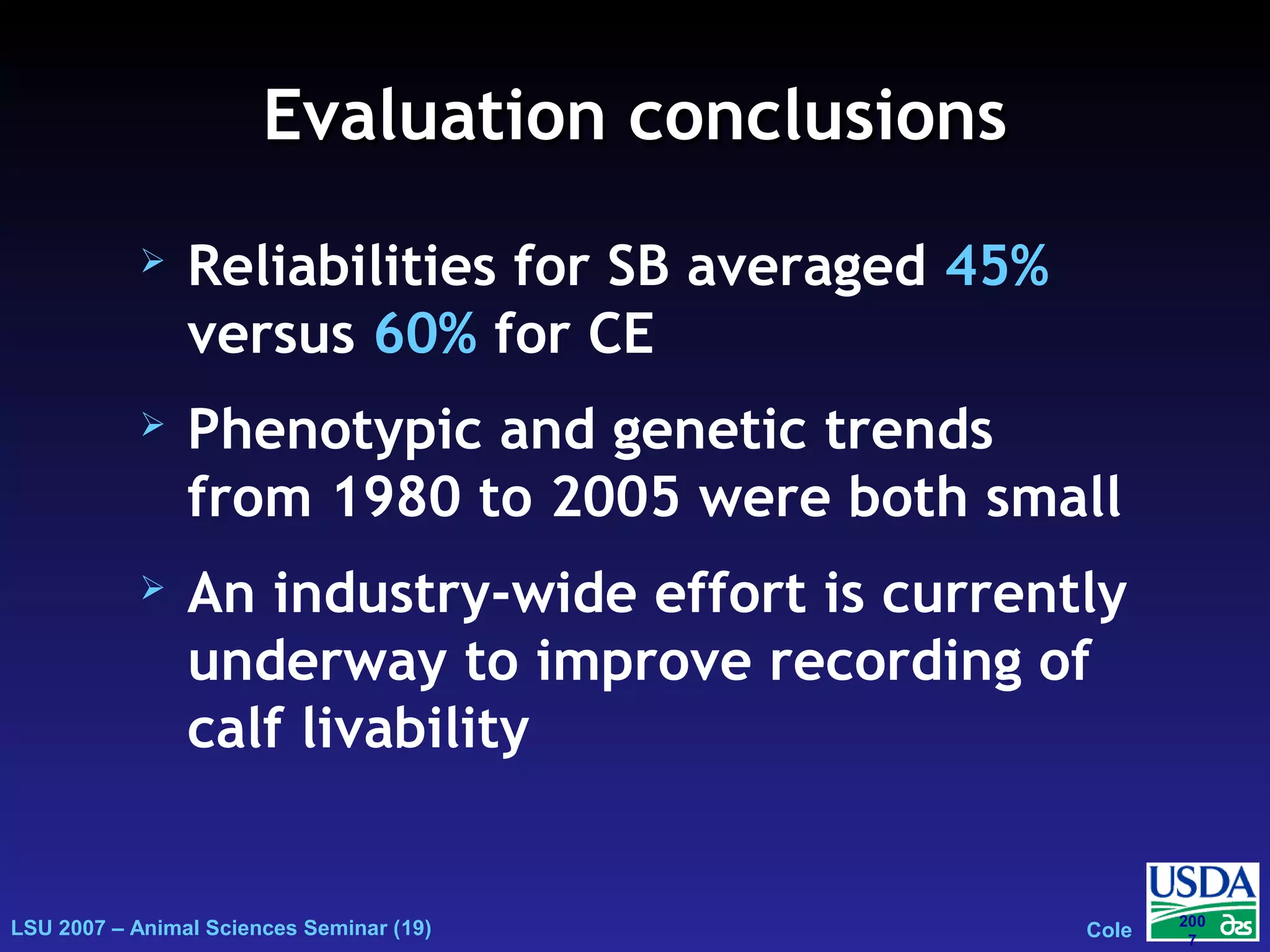 LSU 2007 – Animal Sciences Seminar (19) Cole
200
7
Evaluation conclusionsEvaluation conclusions
 Reliabilities for SB averaged 45%
versus 60% for CE
 Phenotypic and genetic trends
from 1980 to 2005 were both small
 An industry-wide effort is currently
underway to improve recording of
calf livability
 