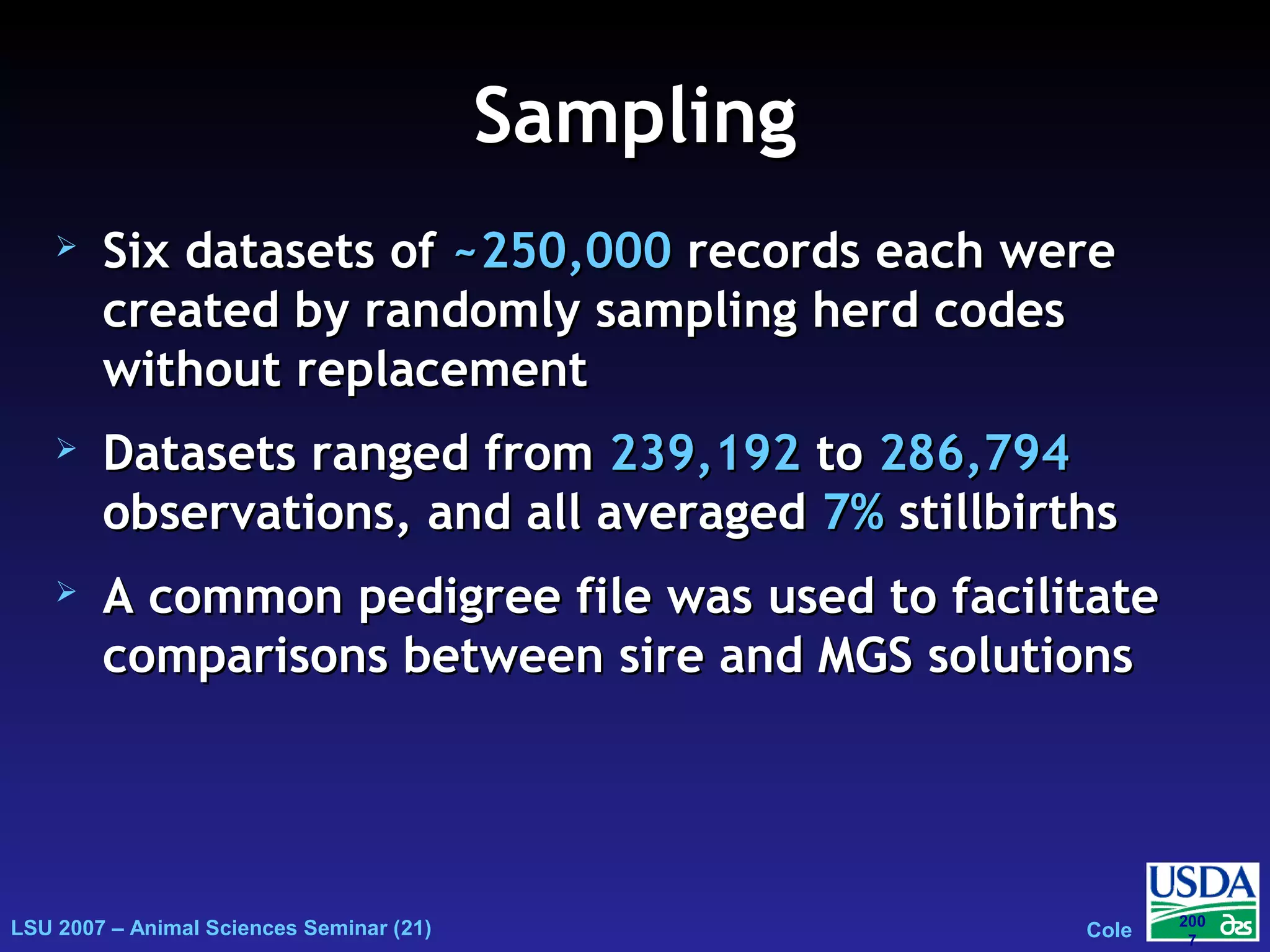 LSU 2007 – Animal Sciences Seminar (21) Cole
200
7
SamplingSampling
 Six datasets ofSix datasets of ~250,000~250,000 records each wererecords each were
created by randomly sampling herd codescreated by randomly sampling herd codes
without replacementwithout replacement
 Datasets ranged fromDatasets ranged from 239,192239,192 toto 286,794286,794
observations, and all averagedobservations, and all averaged 7%7% stillbirthsstillbirths
 A common pedigree file was used to facilitateA common pedigree file was used to facilitate
comparisons between sire and MGS solutionscomparisons between sire and MGS solutions
 
