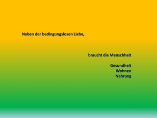 das RAD DES ‘UNWOHLSEINS‘
Sicherheit/ Schutz
Beamte und Polizei
Multinationale Konzerne/ Fabriken
Angestellte/ Verkäufer(innen)
Krankenhäuser/
‘Gesunheitszentren’
pharmazeutische Industrie
Gewerbeunternehmer
Bau von Zement, Asphalt
Mitarbeiter
Schulen/ Universitäten
Lehrer und Dozenten
das RAD DES ‘WOHLSEINS‘
“ARBEITEN”
…nähren / bewegen …nähren/ bewegen
Netzwerke und Werkstätten
von ‘Gesundheit-Alternative Medizin’
Netzwerke und Werkstätten von
‘Lehren/ Alchemie’
Netzwerke und Werkstätten von
‘Nahrungsmittelselbstversorgung’
Netzwerke und Werkstätten von
‘Handarbeiten’
Netzwerke und Werkstätten von
‘Soziale Dienste (Transport/ Tourmets)’
Netzwerke und Werkstätten von
‘Wohnen’
CHEMIE NATUR
 