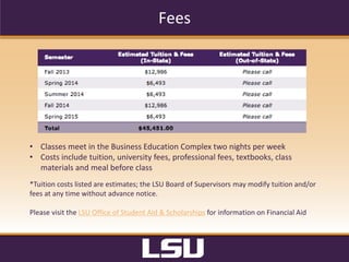 PMBA Class Profile
Class	
  Size:	
  43	
  
	
  
Employment	
  Industry:	
  
•  Chemical	
  Manufacturing	
  
•  Energy	
  
•  Financial	
  Services	
  
•  Healthcare	
  
•  Consul?ng	
  
•  Higher	
  Educa?on	
  
	
  
Companies	
  represented:	
  
•  Albemarle	
  Corpora?on	
  
•  ExxonMobil	
  
•  Shaw	
  Group	
  
•  State	
  Farm	
  Insurance	
  
•  Dow	
  Chemical	
  
•  General	
  Electric	
  
•  Shell	
  Corpora?on	
  
•  Lamar	
  Adver?sing	
  
	
  
(PBMA	
  Class	
  of	
  2013)	
  
	
  
 