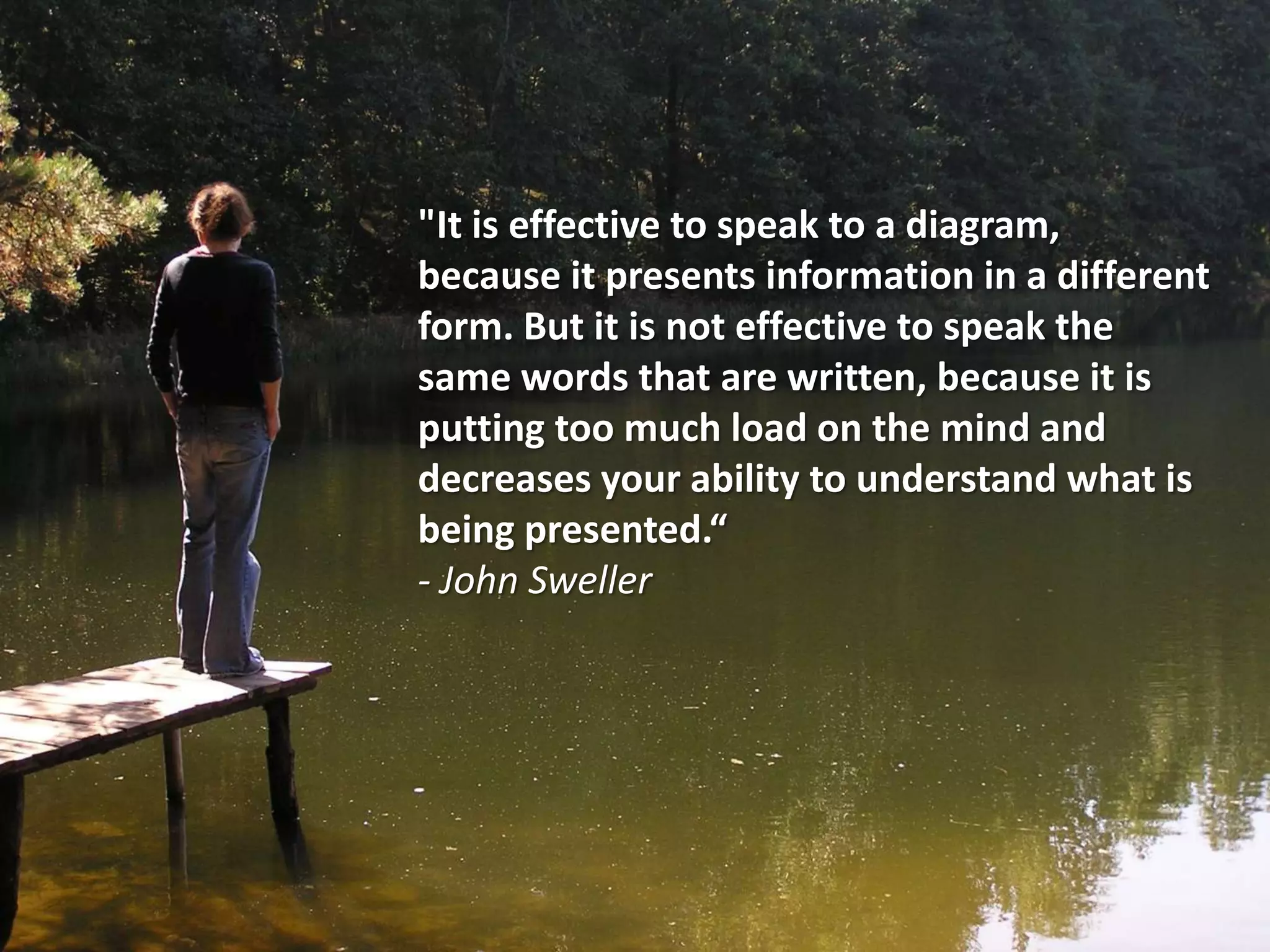"It is effective to speak to a diagram,
because it presents information in a different
form. But it is not effective to speak the
same words that are written, because it is
putting too much load on the mind and
decreases your ability to understand what is
being presented.“
- John Sweller

 