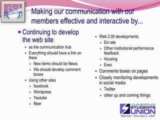 Establishing financial and commercial stability and sustainability (3)Develop and maintain our building as the hub of the student community and a first class facility by:-Making it the physical demonstration of our values and excellenceContinuing to be an outstanding venuerefurbish Room1Queue awnings down the side of the buildingAdmissions till arrangementImprove toilets in Fusion especially femaleDevelop proposals for a major refurbishment of the Piazza, bookshop and entrance in 2010Facilities bookingsPossible SDC staffEmployment agencyUnion services receptionKnock through Bookshop and entranceImproving the entrances Art workScreensColour schemeTidiness and presentationNight time impactmaking it more user friendly and easy to navigateImprovements to maintenance and cleaningdevelop its daytime useJC'sFurniture in PiazzaStudent activitiesExternal bookingsRe allocating the existing Student advice spaceStudent voice for partNew Staff agencySomething elsebeing a model of sustainabilityTarget 4% reductions on energy each yearTarget 4% reduction in land fill wasteAll investment should be based on whole life cost calculationsAs far as possible all refurbishment should reduce environmental impactOngoing investment in building to reduce environmental impact and cost11
