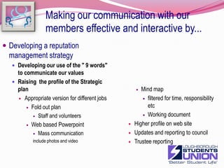 Making our communication with our members effective and interactive by...Continuing to develop the web siteas the communication hubEverything should have a link on thereNew items should be NewsWe should develop comment boxesUsing other sitesfacebookWordpressYoutubeflikerWeb 2.00 developmentsEd rateOther institutional performance  feedbackHousingExecComments boxes on pagesClosely monitoring developments in social mediaTwitterother up and coming things12