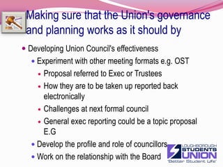 Effective communication by:- really understanding  what our members need, want, think and do and make sure this drives the Union's workExperimenting with new ways to reach students for comment and feedbackPost itsExec pollsDevelop ways to use OST as regular toolcreative use of webContinuing to focus on key groups to increase understanding and involvement namely:-Post GradInternationalsCollege17