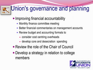 Union's governance and planningPublishing our delegation of powers documentReport on implementationReviewBeing more outward looking to get new  ideas and challengesUse external Trustees to assist with broadening our visionCreating effective partnerships with other Students UnionsStimulate and spread the costs and risk of innovation94 GroupOther top unionsShared values UnionsLocal UnionsAttendance at conferences for Union and sectionsInternational conferences and visitsSupport our global perspective23