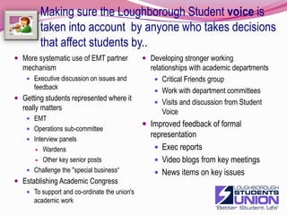 Union's governance and planningImproving financial accountabilityMonthly finance committee meetingBetter financial commentaries on management accountsReview budget and accounting formats to consider cost centring overheadsdevelop core and desecration  spendingReview the role of the Chair of CouncilDevelop a strategy in relation to college members24