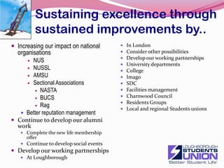 Sustaining excellence through sustained improvements by..Improvements to management systems and practices publishing our risk register and developing stronger risk management systemsReport on implementationReview publishing our HR StrategyReport on implementationReviewMaintain and develop our quality measurementsSurveysMystery customersFocus groupsweb stats/Publicity auditHealth and safety auditsDevelop our use of KPIs and targets for all departments and sectionsUse awards and Quality marks as objective evaluation and drivers of excellenceSUEISound environmental impactBest bar NoneIIVIIPBest Student experienceIgrad surveyNSS6