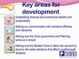 Sustaining excellence through sustained improvements by.. Increasing our impact on national organisationsNUSNUSSLAMSUSectional AssociationsNASTABUCSRagBetter reputation managementContinue to develop our alumni workComplete the new life membership offerContinue to develop social eventsDevelop our working partnershipsAt LoughboroughIn LondonConsider other possibilitiesDevelop our working partnershipsUniversity departmentsCollegeImagoSDCFacilities managementCharnwood CouncilResidents GroupsLocal and regional Students unions7