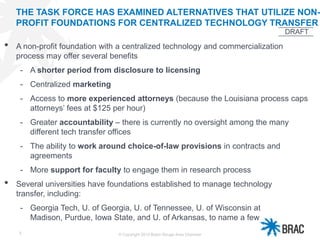 5
THE TASK FORCE HAS EXAMINED ALTERNATIVES THAT UTILIZE NON-
PROFIT FOUNDATIONS FOR CENTRALIZED TECHNOLOGY TRANSFER
• A non-profit foundation with a centralized technology and commercialization
process may offer several benefits
- A shorter period from disclosure to licensing
- Centralized marketing
- Access to more experienced attorneys (because the Louisiana process caps
attorneys’ fees at $125 per hour)
- Greater accountability – there is currently no oversight among the many
different tech transfer offices
- The ability to work around choice-of-law provisions in contracts and
agreements
- More support for faculty to engage them in research process
• Several universities have foundations established to manage technology
transfer, including:
- Georgia Tech, U. of Georgia, U. of Tennessee, U. of Wisconsin at
Madison, Purdue, Iowa State, and U. of Arkansas, to name a few
© Copyright 2013 Baton Rouge Area Chamber
DRAFT
 