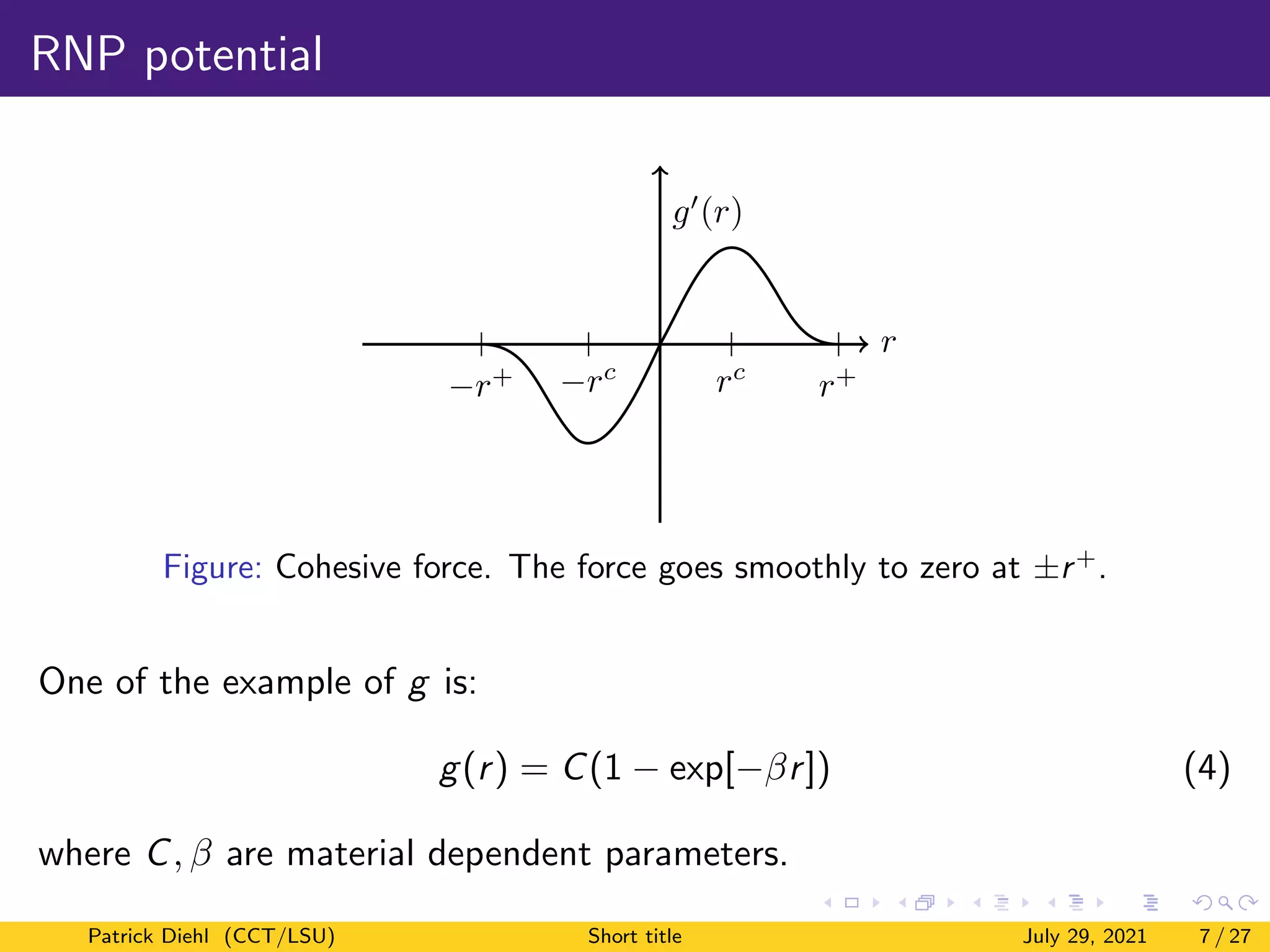 RNP potential
rc
−rc
r+
−r+
r
g0
(r)
Figure: Cohesive force. The force goes smoothly to zero at ±r+
.
One of the example of g is:
g(r) = C(1 − exp[−βr]) (4)
where C, β are material dependent parameters.
Patrick Diehl (CCT/LSU) Short title July 29, 2021 7 / 27
 