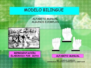 MODELO BILINGÜE

             ALFABETO MANUAL
             ALGUNOS EJEMPLOS




  REPRESENTACIÓN
ELABORADA POR GOYA              ALFABETO MANUAL
                                 DRA LUDMILAN ZAMBRANO
                      UNIVERSIDAD PEDAGÓGICA EXPERIMENTAL LIBERTADOR
 