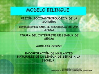 MODELO BILINGÜE
  VISIÓN SOCIOANTROPOLÓGICA DE LA
              SORDERA
 CONDICIONES PARA EL DESARROLLO DE UNA
                LENGUA

 FIGURA DEL INTÉRPRETE DE LENGUA DE
               SEÑAS

           AUXILIAR SORDO

    INCORPORACIÓN DE HABLANTES
NATURALES DE LA LENGUA DE SEÑAS A LA
              ESCUELA

                                DRA LUDMILAN ZAMBRANO
                    UNIVERSIDAD PEDAGÓGICA EXPERIMENTAL LIBERTADOR
 