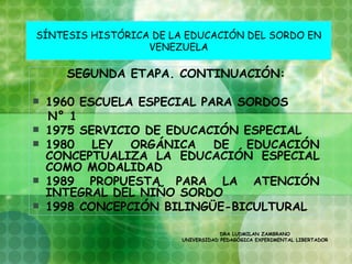 SÍNTESIS HISTÓRICA DE LA EDUCACIÓN DEL SORDO EN
                  VENEZUELA

      SEGUNDA ETAPA. CONTINUACIÓN:

   1960 ESCUELA ESPECIAL PARA SORDOS
    N° 1
   1975 SERVICIO DE EDUCACIÓN ESPECIAL
   1980 LEY ORGÁNICA DE EDUCACIÓN
    CONCEPTUALIZA LA EDUCACIÓN ESPECIAL
    COMO MODALIDAD
   1989 PROPUESTA PARA LA ATENCIÓN
    INTEGRAL DEL NIÑO SORDO
   1998 CONCEPCIÓN BILINGÜE-BICULTURAL

                                    DRA LUDMILAN ZAMBRANO
                        UNIVERSIDAD PEDAGÓGICA EXPERIMENTAL LIBERTADOR
 