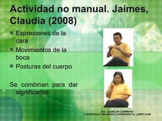 Actividad no manual. Jaimes,
Claudia (2008)
   Expresiones de la
    cara
   Movimientos de la
    boca
   Posturas del cuerpo

Se combinan para dar
  significados

                                      Dra. LUDMILAN ZAMBRANO
                          UNIVERSIDAD PEDAGÓGICA EXPERIMENTAL LIBERTADOR
 