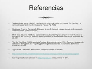 Referencias

   Winkler-Muller, María Inés (s/f). Lev Seminovich Vygotski: notas biográficas. En Vygotsky y la
    formación social de la mente. Barcelona: Paidos. Pp. 75-92

   Rodríguez- Arrocho, Wanda (s/f). El legado de Lev S. Vygotski y su pertinencia en la psicología
    contemporánea. (ficha incompleta)

   Martí Sala, Eduardo (1991). La teoría histórico-cultural de Vigotski: Origen Socio Cultural de la
    conciencia. En Psicología evolutiva: teoría y ámbitos de investigación. Barcelona: Anthropos. Pp.
    88-102

   Van der Veer René (2000). Anastasia Tryphon & Jacques Voneche (Eds.) Estructura y desarrollo:
    reflexiones de Vygotski. En Piaget-Vygotski: la génesis social del pensamiento. Barcelona:
    Paidós. Pp. 65-80

   Vygodskaia, Gita (1995). Recordando a mi padre. (Ficha incompleta)

   http://www.timetoast.com/timelines/contexto-socio-historico-durante-la-vida-de-lev-vygotski

   Las Imágenes fueron retiradas de: http://marxists.org en noviembre de 2011.
 