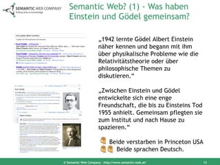 Semantic Web? (1) - Was haben Einstein und Gödel gemeinsam? © Semantic Web Company – http://www.semantic-web.at/ „ 1942 lernte Gödel Albert Einstein näher kennen und begann mit ihm über physikalische Probleme wie die Relativitätstheorie oder über philosophische Themen zu diskutieren.“ „ Zwischen Einstein und Gödel entwickelte sich eine enge Freundschaft, die bis zu Einsteins Tod 1955 anhielt. Gemeinsam pflegten sie zum Institut und nach Hause zu spazieren.“ Beide verstarben in Princeton USA Beide sprachen Deutsch. 