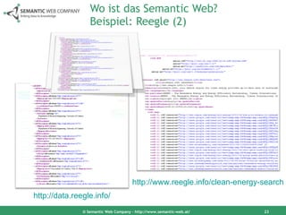 Wo ist das Semantic Web?  Beispiel: Reegle (2) © Semantic Web Company – http://www.semantic-web.at/ http://www.reegle.info/clean-energy-search   http://data.reegle.info/   