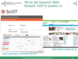 Wo ist das Semantic Web?  Beispiel: ScOT & scootle (1) © Semantic Web Company – http://www.semantic-web.at/ http://www.scootle.edu.au http://vocabulary.curriculum.edu.au/ 