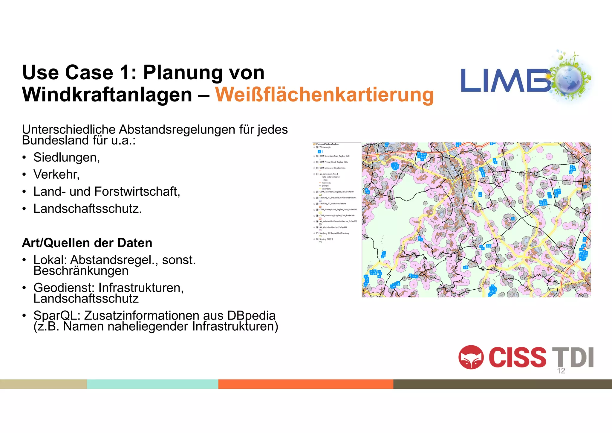 Use Case 1: Planung von
Windkraftanlagen – Weißflächenkartierung
Unterschiedliche Abstandsregelungen für jedes
Bundesland für u.a.:
• Siedlungen,
• Verkehr,
• Land- und Forstwirtschaft,
• Landschaftsschutz.
Art/Quellen der Daten
• Lokal: Abstandsregel., sonst.
Beschränkungen
• Geodienst: Infrastrukturen,
Landschaftsschutz
• SparQL: Zusatzinformationen aus DBpedia
(z.B. Namen naheliegender Infrastrukturen)
12
 
