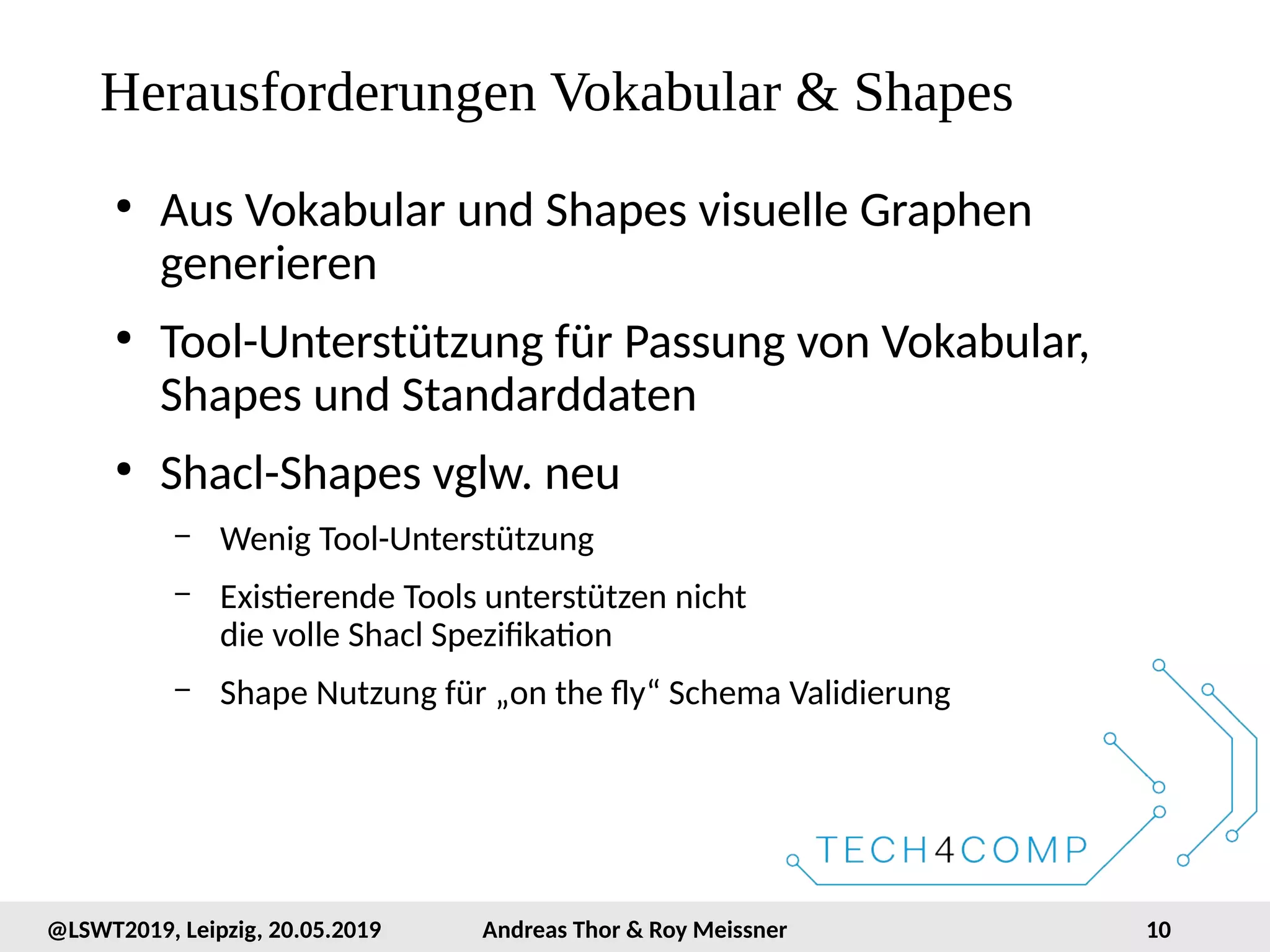 10@LSWT2019, Leipzig, 20.05.2019 Andreas Thor & Roy Meissner
Herausforderungen Vokabular & Shapes
●
Aus Vokabular und Shapes visuelle Graphen
generieren
●
Tool-Unterstützung für Passung von Vokabular,
Shapes und Standarddaten
●
Shacl-Shapes vglw. neu
– Wenig Tool-Unterstützung
– Existierende Tools unterstützen nicht
die volle Shacl Spezifikation
– Shape Nutzung für „on the fly“ Schema Validierung
 